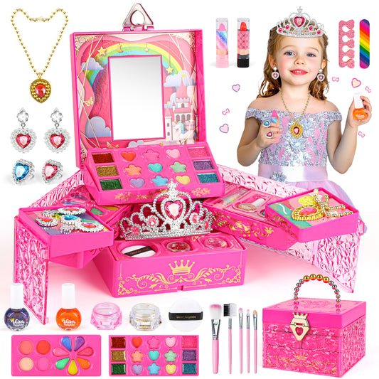 UUSUOO Kids Makeup Kit for Girls,46PCS Princess Toys Real Washable Cosmetic Set with Mirror,Non-Toxic Girls Makeup Kit,Girl Toys Christmas Birthday Gifts Toys for 3 4 5 6 7 8 9 10 Year Old Girls,Pink