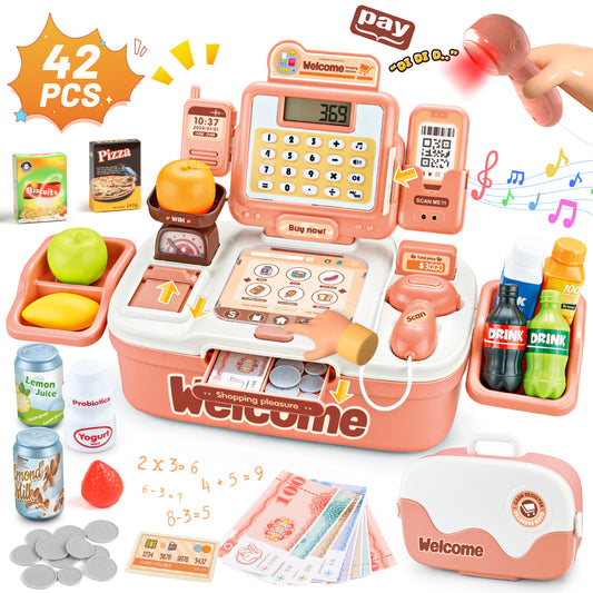 UUSUOO 42Pcs Cash Register for Kids,Toddlers Toys Cash Register with Sound Scanner,Light,Play Food & Money,Pretend Play Toys for Boys Girls,Christmas Birthday Gift for Toddlers 3 4 5 6 +,Pink