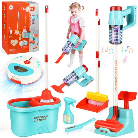 UUSUOO 13PCS Kids Cleaning Toy Sets,Kids Vacuum that Really Works with Light, Sound Effects,Kids Broom and Mop Set,Pretend Play Home Toddler Cleaning Set Toy Gifts for Boys & Girls Ages 3 4 5 6 7+