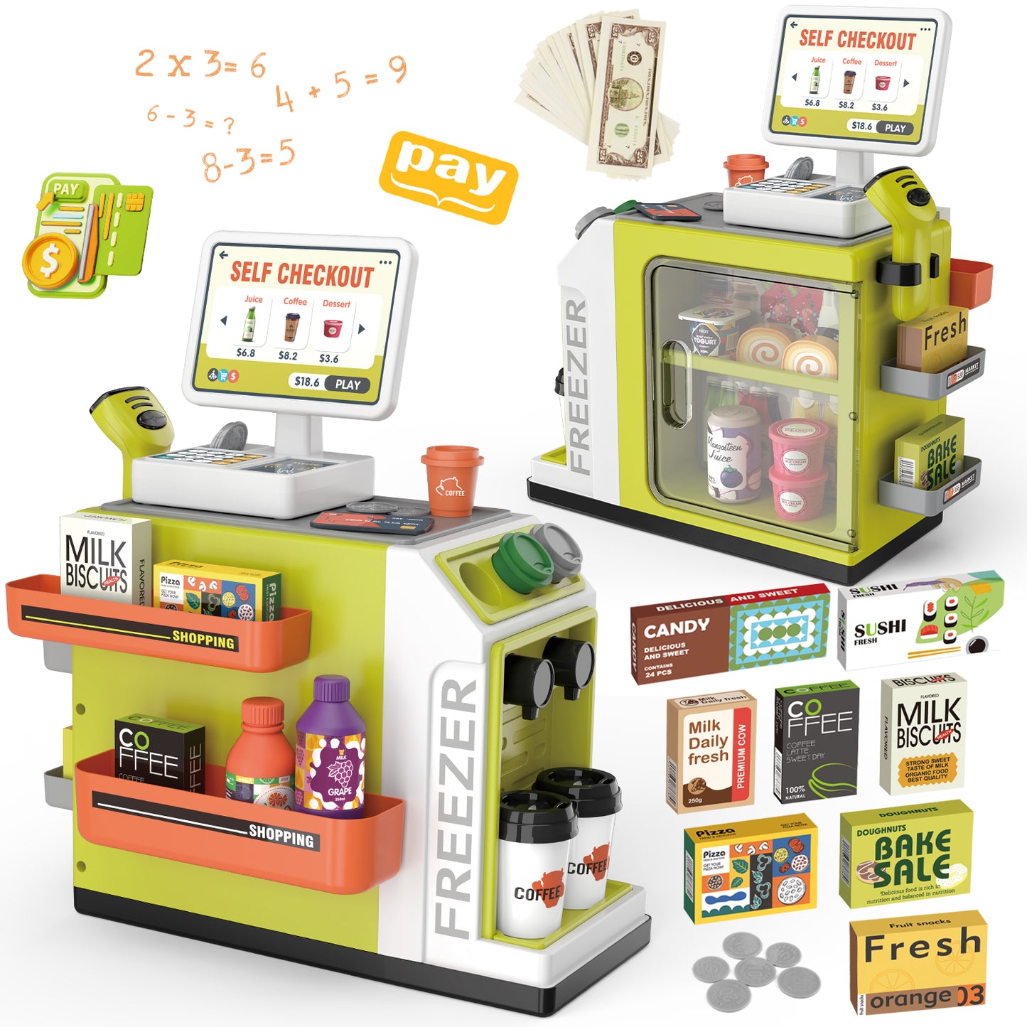 UUSUOO Cash Register Playset for Kids,46PCS Pretend Play Cash Register Toy with Calculator,Scanner,Coffee Machine,Credit Cards,Play Food & Money,Kids Cash Register Toy Gifts for Kids 3-6, Green