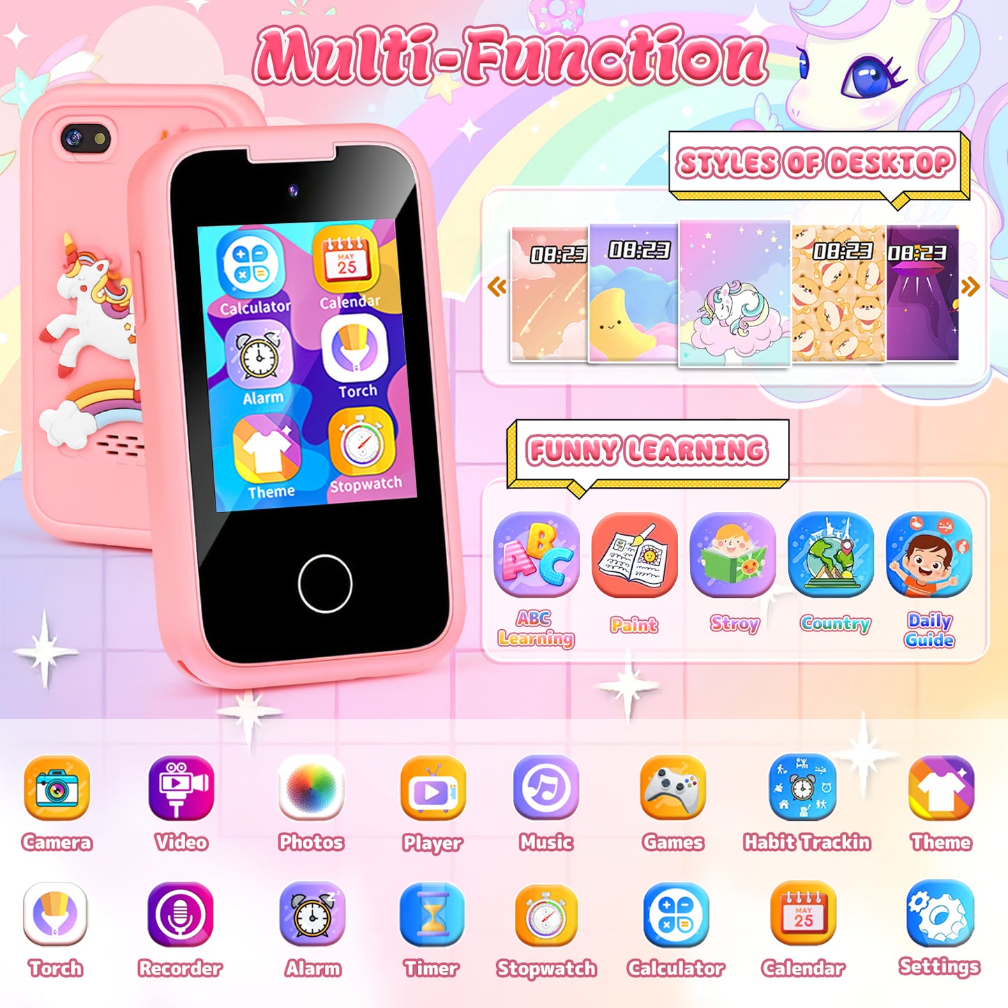 UUSUOO Kids Smart Phone for Girls Kids Toys,2.8" Touchscreen Toddler Phone Toys W/ 8G SD Card, Dual Camera, Music Player,Unicorn Toys Christmas Birthday Gifts for Boys Girls 3-12,Pink