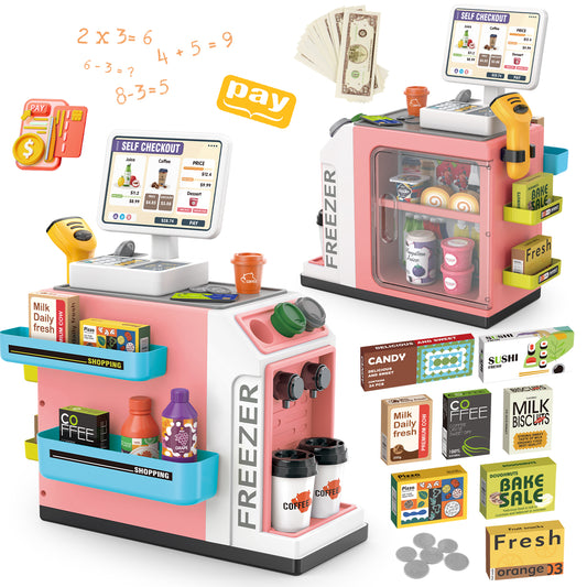 UUSUOO 46PCS Cash Register Playset for Kids,Cashier Register Toy,Kids Pretend Play Cash Register Toy with Scanner,Coffee Machine,Credit Cards,Play Food & Money,Christmas Toys for Kids 3-6,Pink