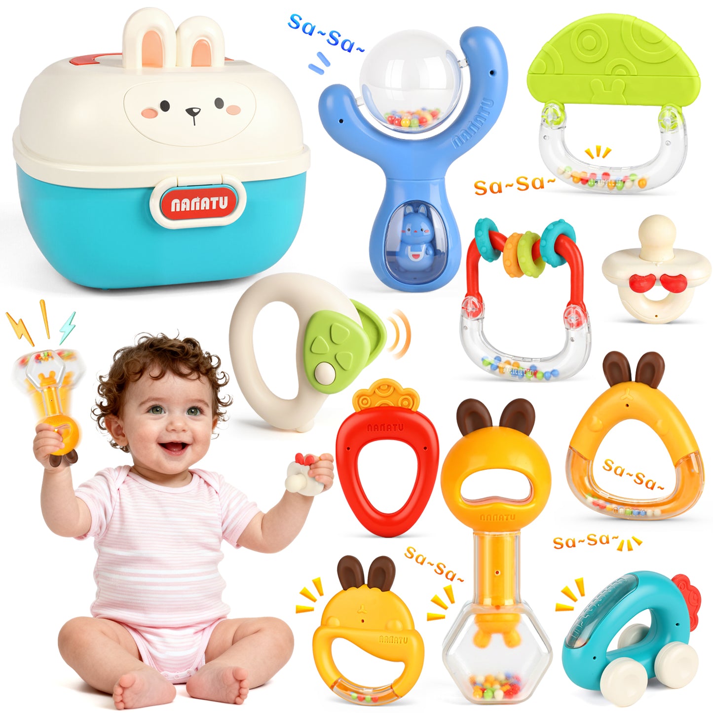UUSUOO 10Pcs Baby Rattles Toys for 0-6 Months,Baby Teething Toys with Storage Case,Infant Newborn Baby Toys for 6-12 Months,Birthday Gifts for Newborn Baby Boys Girls