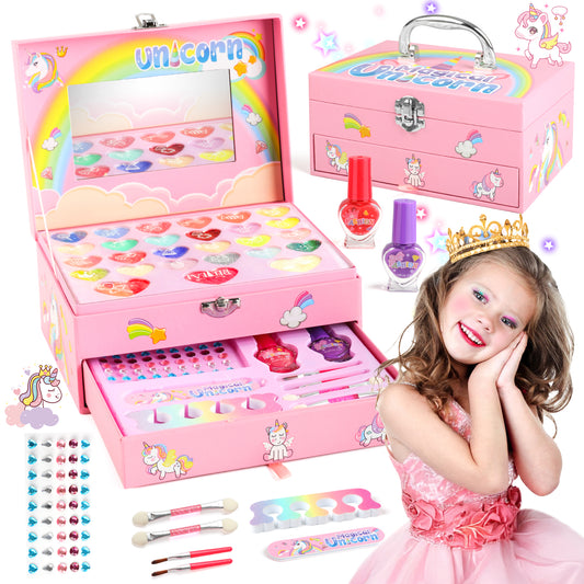 UUSUOO Kids Makeup Set for Girls, Girls Unicorn Makeup Kit for Kids Age 8-12, Real Washable Makeup Princess Toys for Girls 3-6 Years,Pink