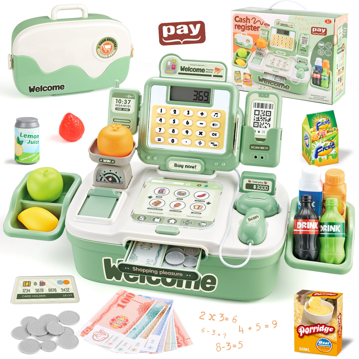 UUSUOO Cash Register for Kids Ages 4-8, Cashier Register Toy, Kids Pretend Play Cash Register Toys with Sound Scanner,Credit Cards,Play Food & Money,Christmas Toys for Kids 3-6,Green