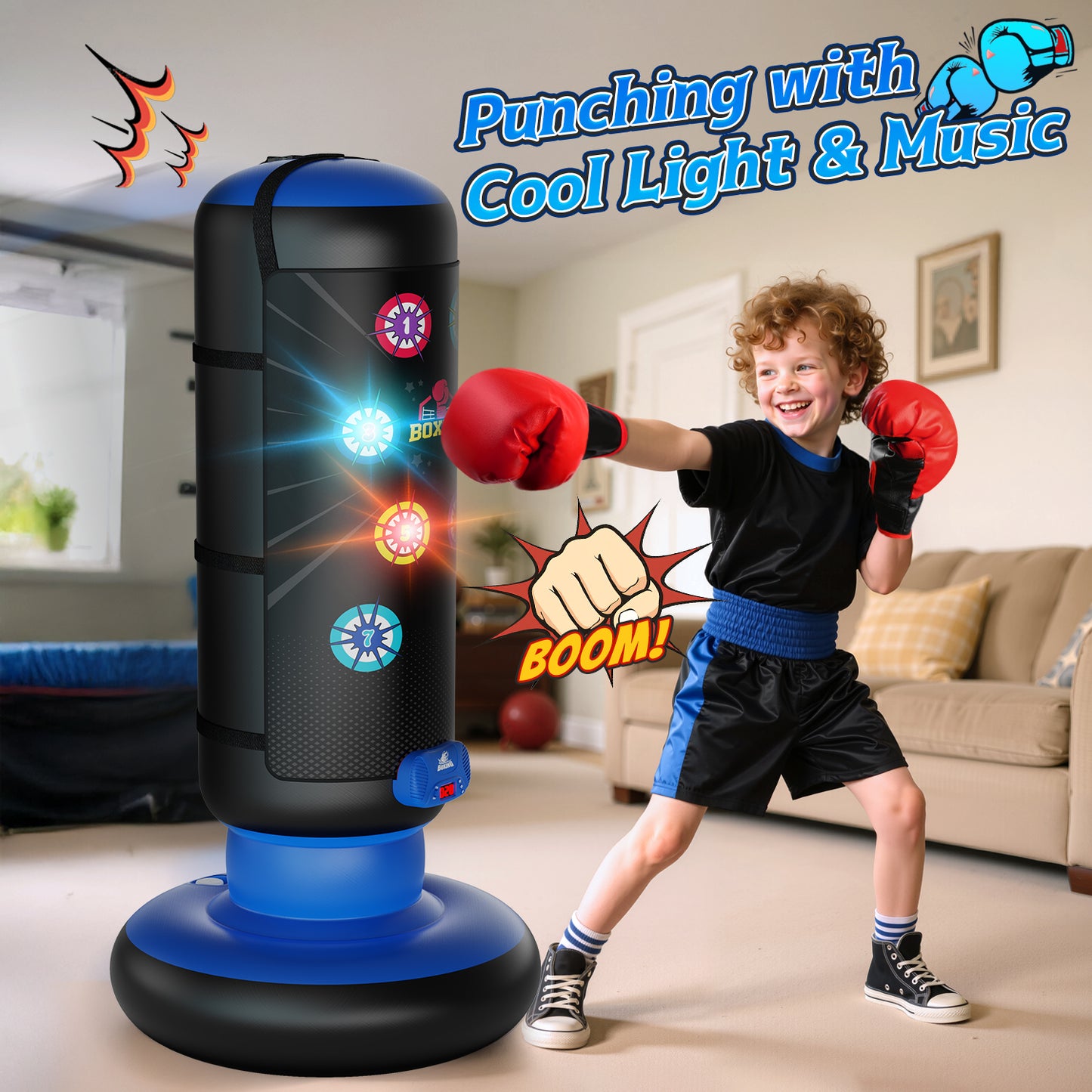 UUSUOO Punching Bag for Kids with Light & Sound,Kids Inflatable Boxing Bag Set with Gloves, Scoring System, 4 Play Modes,Christmas Birthday Gift Toy for Boys Girls Age 6-12,Blue