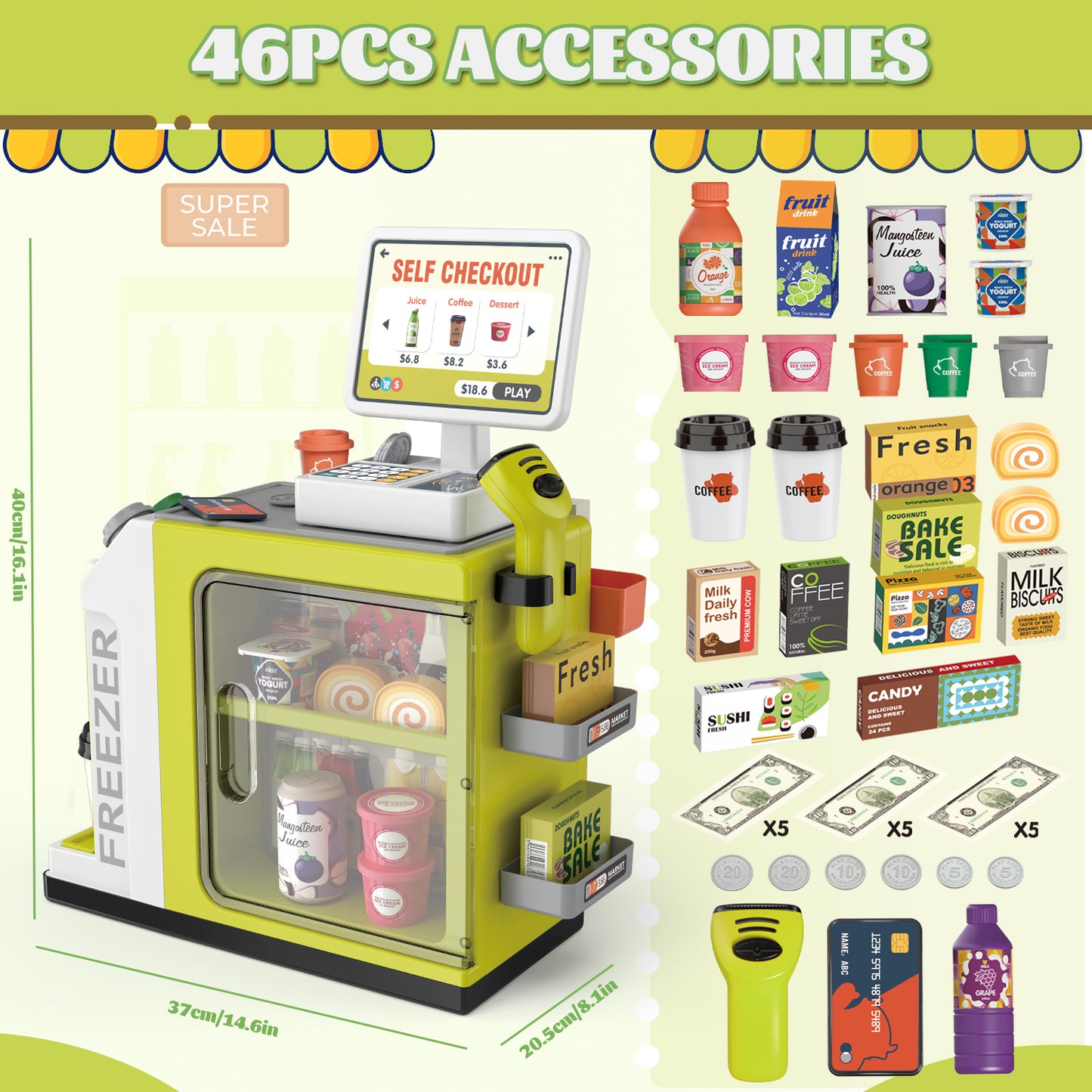 UUSUOO Cash Register Playset for Kids,46PCS Pretend Play Cash Register Toy with Calculator,Scanner,Coffee Machine,Credit Cards,Play Food & Money,Kids Cash Register Toy Gifts for Kids 3-6, Green