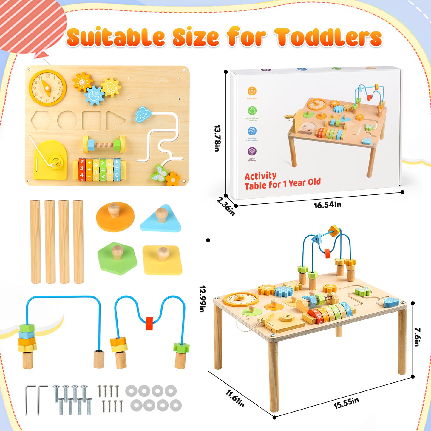 UUSUOO Activity Table for 1 Year Old,8-In-1 Wooden Montessori Toys with Bead Maze,Shape Sorter,Baby Sensory Toys 6-12 Months,Learning Toys for Baby 1st Christmas Birthday Gifts