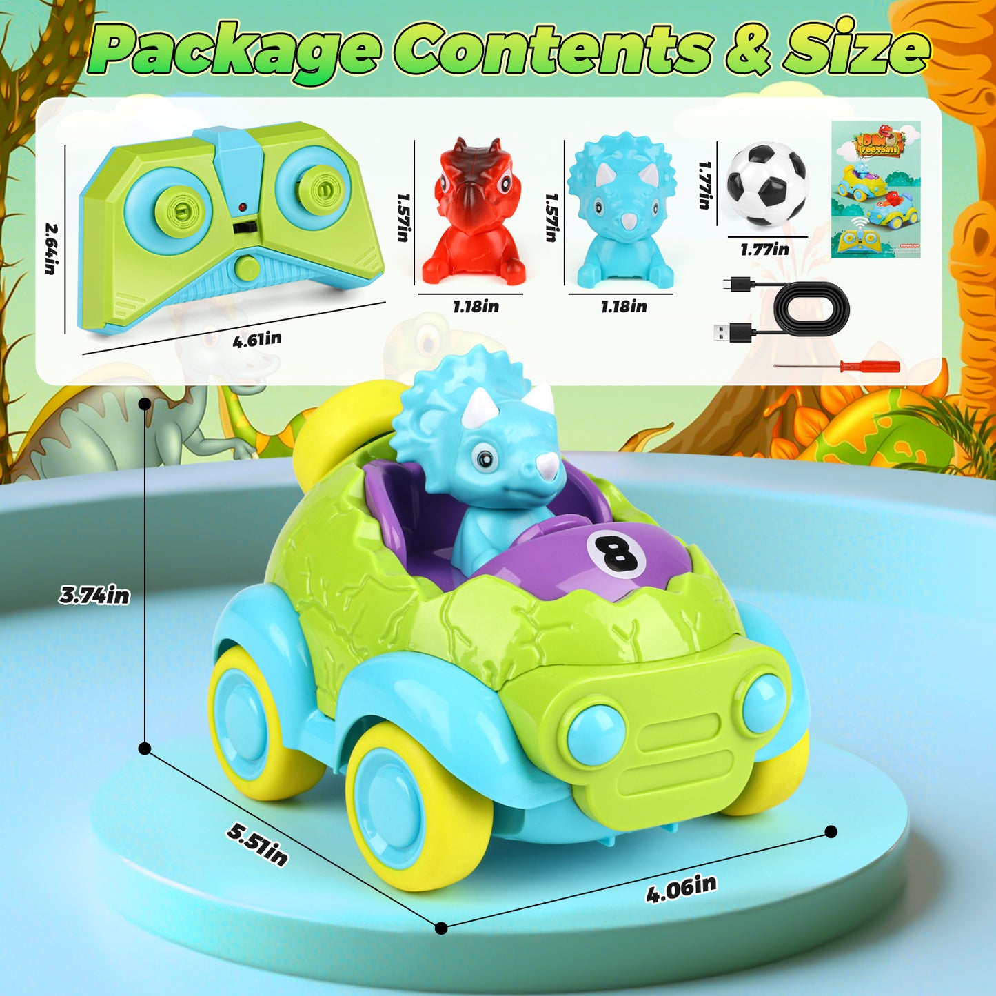 UUSUOO Dinosaur Remote Control Car for Toddlers,Rechargeable RC Cars for Toddler Toys with LED Lights & Music & Soccer Ball,Dinosaur Toys Christmas Birthday Gift for Boys Girls Age 3 4 5 +, Green