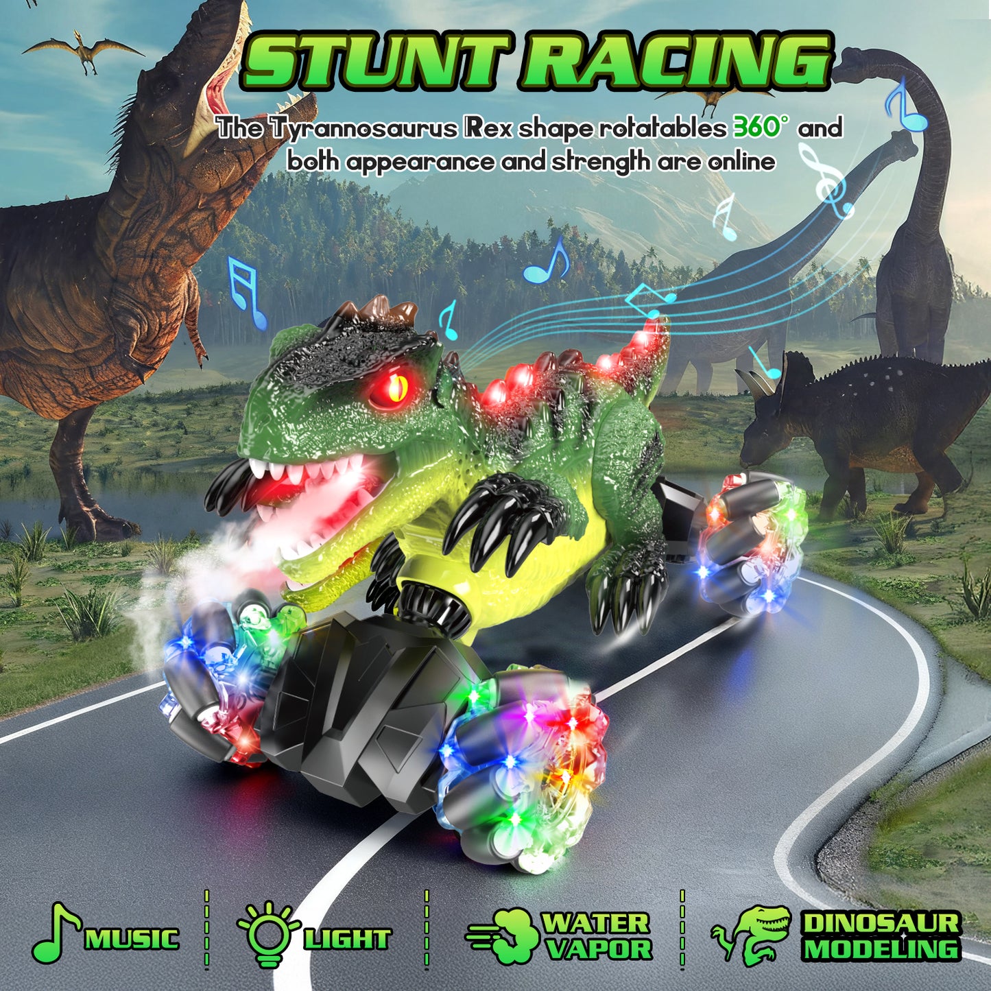 UUSUOO Dinosaur Remote Control Car,4WD Rotation Rechargeable RC Stunt Car with Spray Lights & Music,Dinosaur Toys for Boys 3-6 Years,Christmas Birthday Gifts for Boys Girls 3+