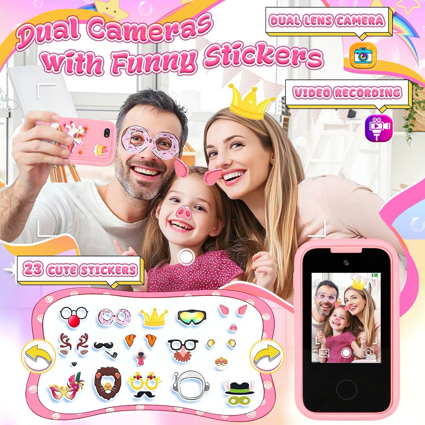 UUSUOO Kids Smart Phone for Girls Kids Toys,2.8" Touchscreen Toddler Phone Toys W/ 8G SD Card, Dual Camera, Music Player,Unicorn Toys Christmas Birthday Gifts for Boys Girls 3-12,Pink