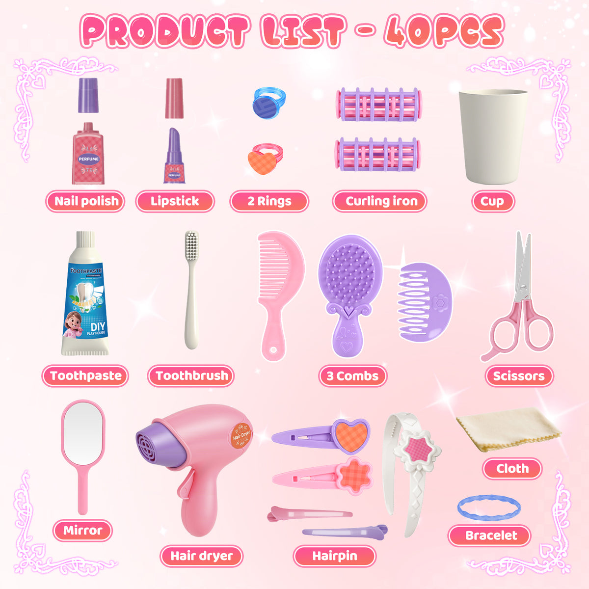UUSUOO Kids Vanity Set with Mirror,40PCS Toddler Vanity Set Makeup Table for Kids, Girls Vanity with Mirror & Lights & Music & Makeup Accessories,Christmas Birthday Toy Gift for Girls Age 3-6