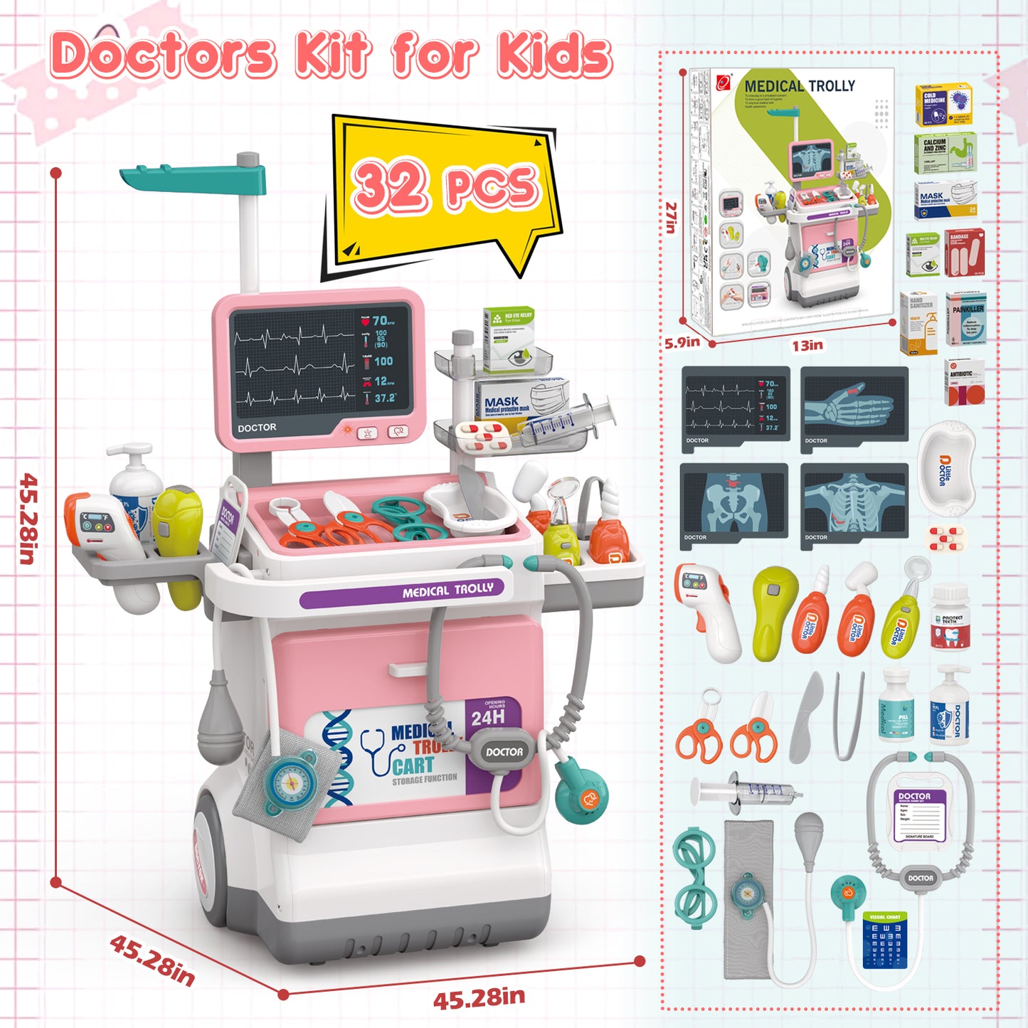 UUSUOO Doctor Kit for Toddlers 3-5,32PCS Doctors Role Play Set Toy,Pretend Medical Station Toy Set with Realistic LED Lights & Sounds,Christmas Boys & Girls Gift for Ages 3-8,Pink