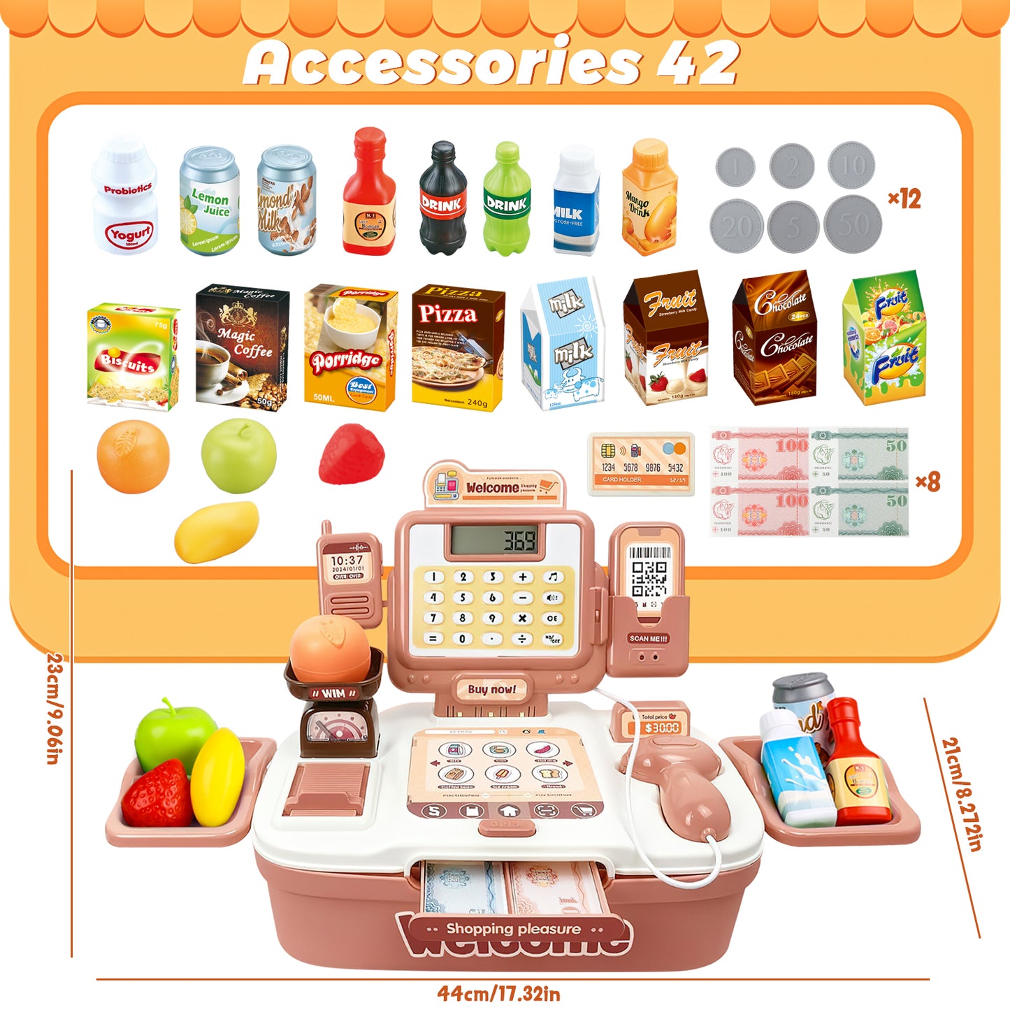 UUSUOO 42Pcs Cash Register for Kids,Toddlers Toys Cash Register with Sound Scanner,Light,Play Food & Money,Pretend Play Toys for Boys Girls,Christmas Birthday Gift for Toddlers 3 4 5 6 +,Pink