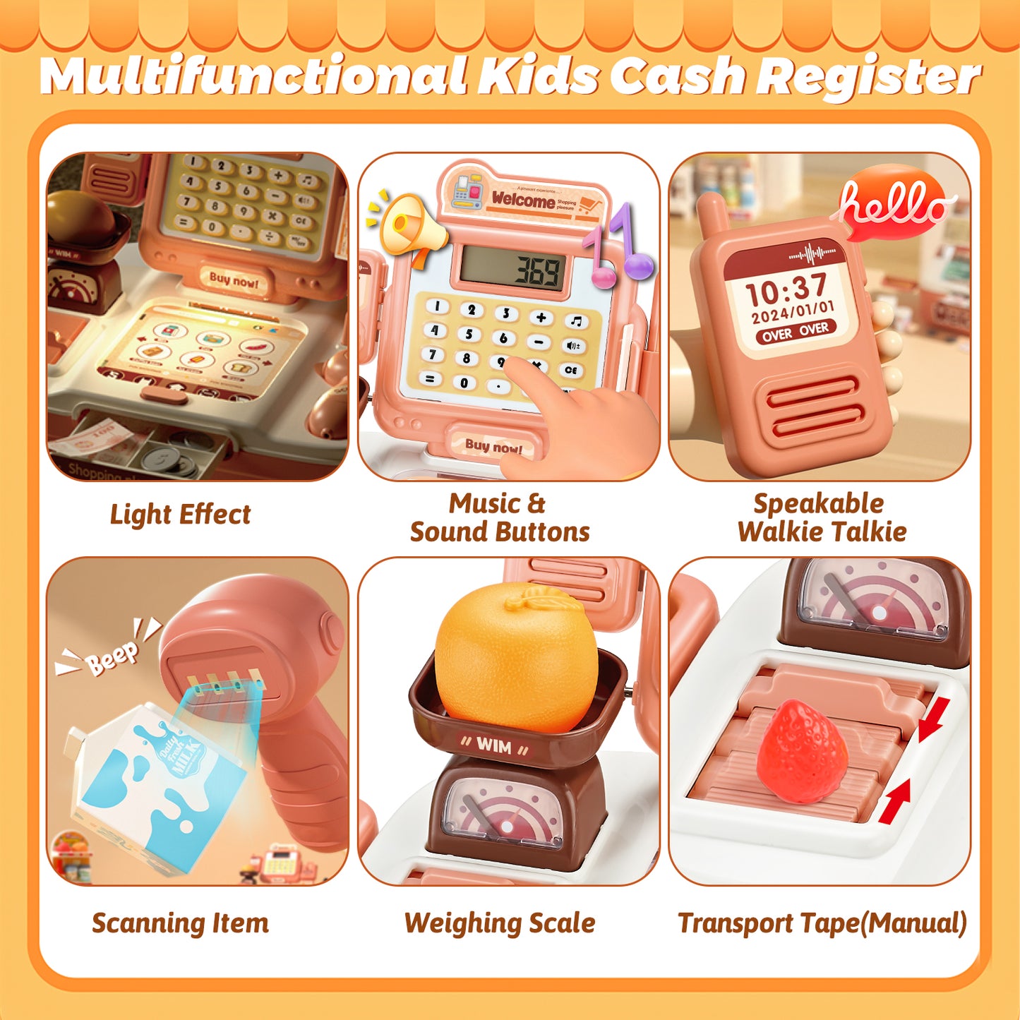 UUSUOO 42Pcs Cash Register for Kids,Toddlers Toys Cash Register with Sound Scanner,Light,Play Food & Money,Pretend Play Toys for Boys Girls,Christmas Birthday Gift for Toddlers 3 4 5 6 +,Pink