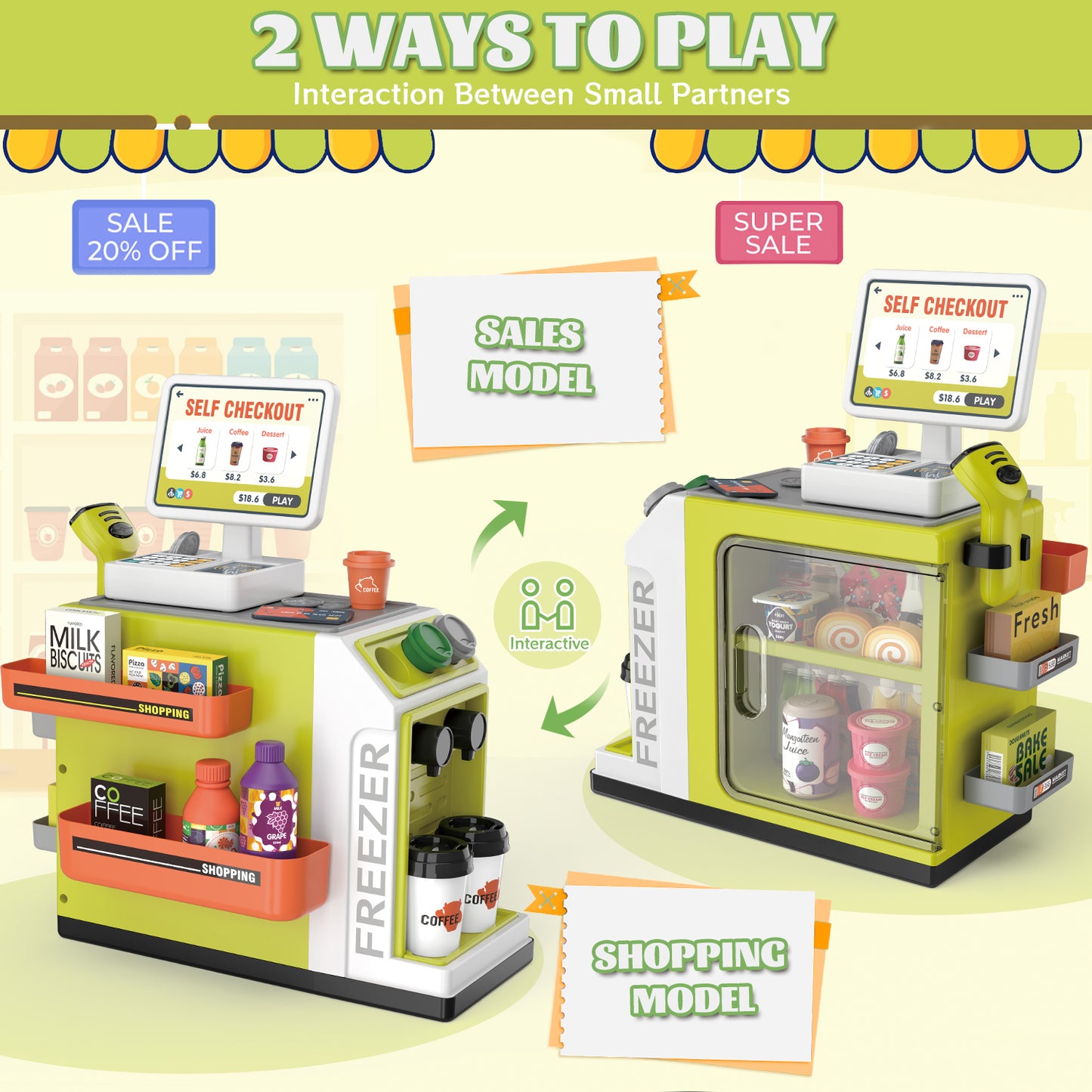 UUSUOO Cash Register Playset for Kids,46PCS Pretend Play Cash Register Toy with Calculator,Scanner,Coffee Machine,Credit Cards,Play Food & Money,Kids Cash Register Toy Gifts for Kids 3-6, Green