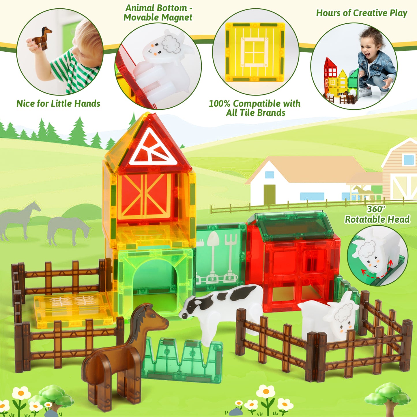 UUSUOO Magnetic Tiles Sets for Kids, Farm Animals Theme 46 PCS Magnetic Blocks, Montessori Learning Toys for 1 to 5 Year Old, Magnetic Tiles Animal Sets for Kids 3-6, Christmas Toys for Kids 3-6