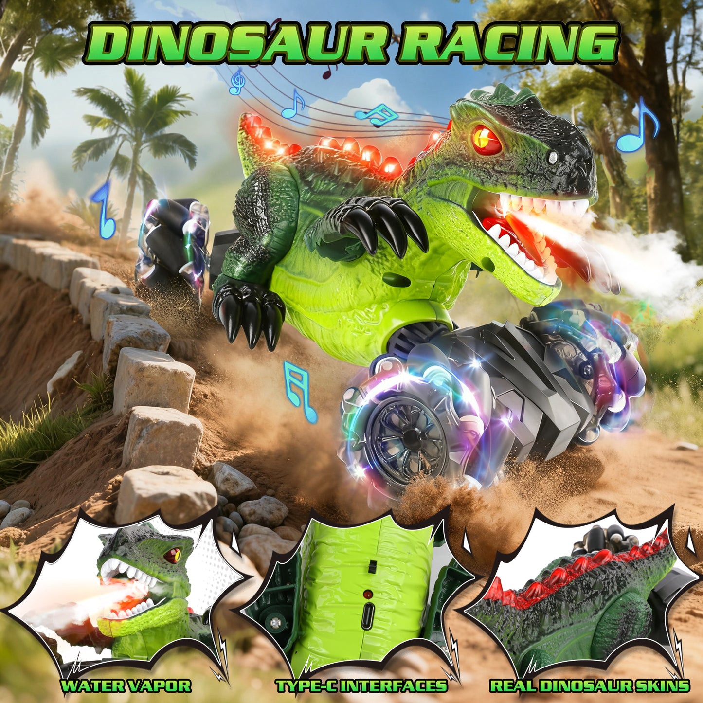 UUSUOO Dinosaur Remote Control Car,4WD Rotation Rechargeable RC Stunt Car with Spray Lights & Music,Dinosaur Toys for Boys 3-6 Years,Christmas Birthday Gifts for Boys Girls 3+