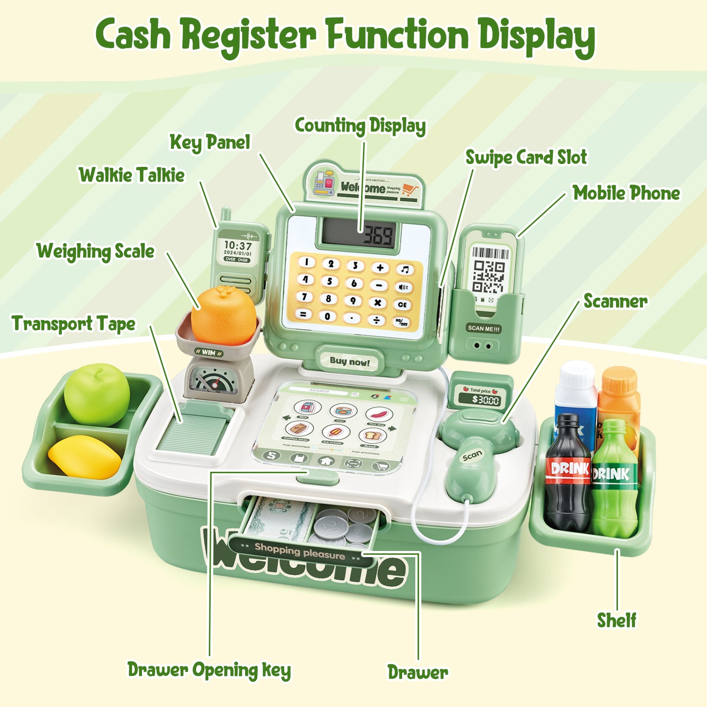 UUSUOO Cash Register for Kids Ages 4-8, Cashier Register Toy, Kids Pretend Play Cash Register Toys with Sound Scanner,Credit Cards,Play Food & Money,Christmas Toys for Kids 3-6,Green