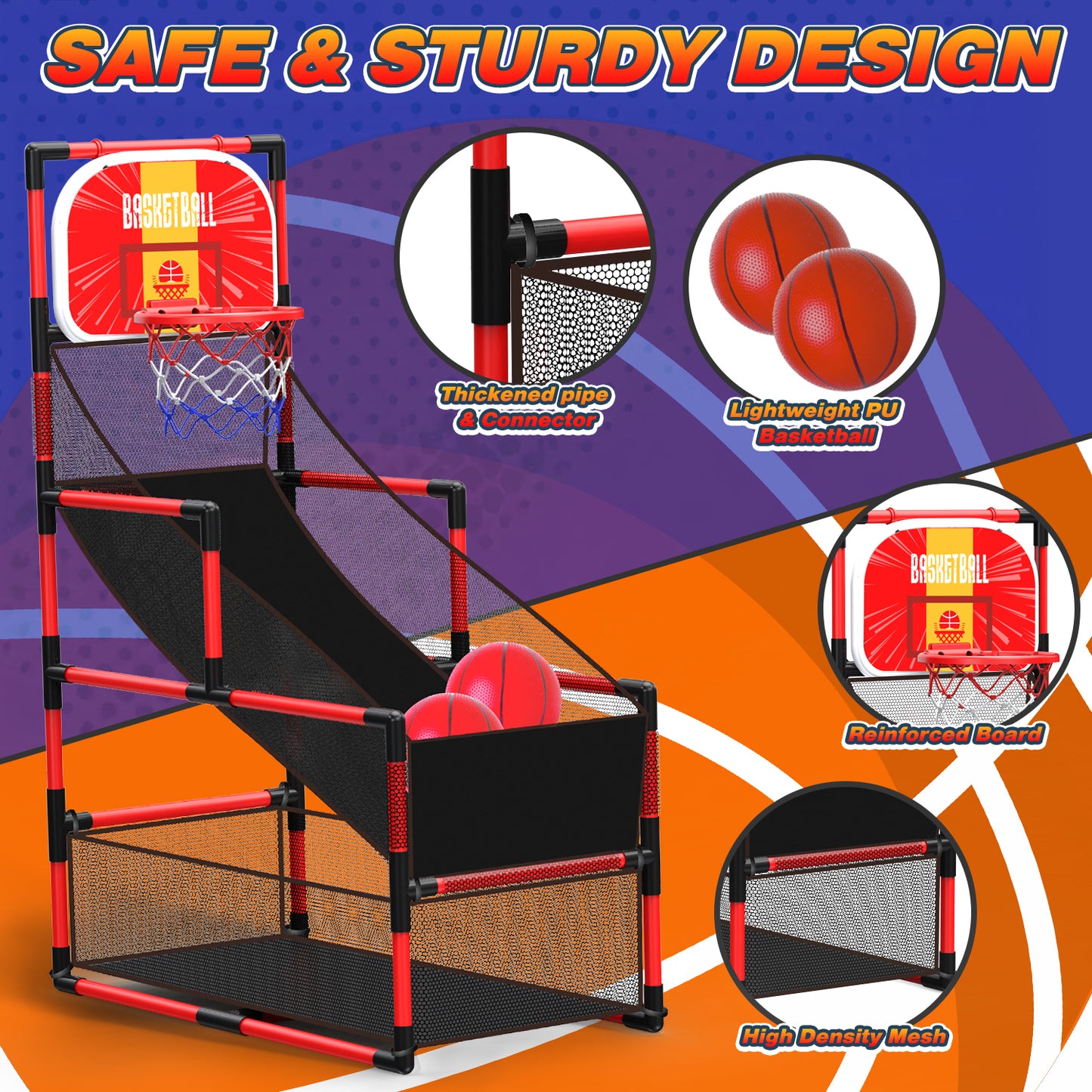 UUSUOO Arcade Basketball Game Set for Kids,Adjustable Height 45"-56" Kids Basketball Hoop with 2 Balls & Pump, Indoor Outdoor Sports Play Toys,Birthday Gift for Boys Girls Age 5 6 7 8 + ,Red