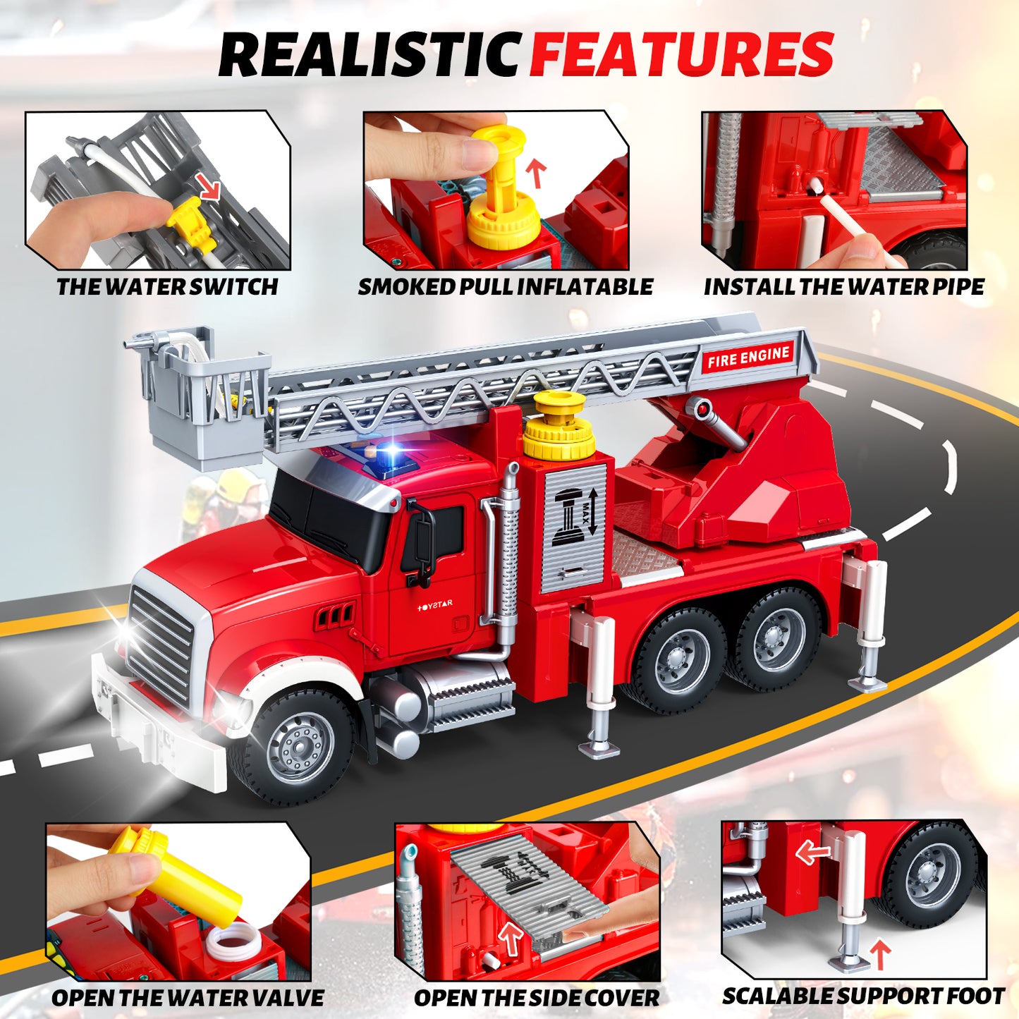 UUSUOO Truck Toys for Boys 3-6 Years,15" Large Fire Truck Toy,Friction Powered Fire Rescue Truck Vehicle Toys with Lights & Sirens Sounds & Ladder,Christmas Birthday Gifts for Boys Girls 5 6 7 +,Red