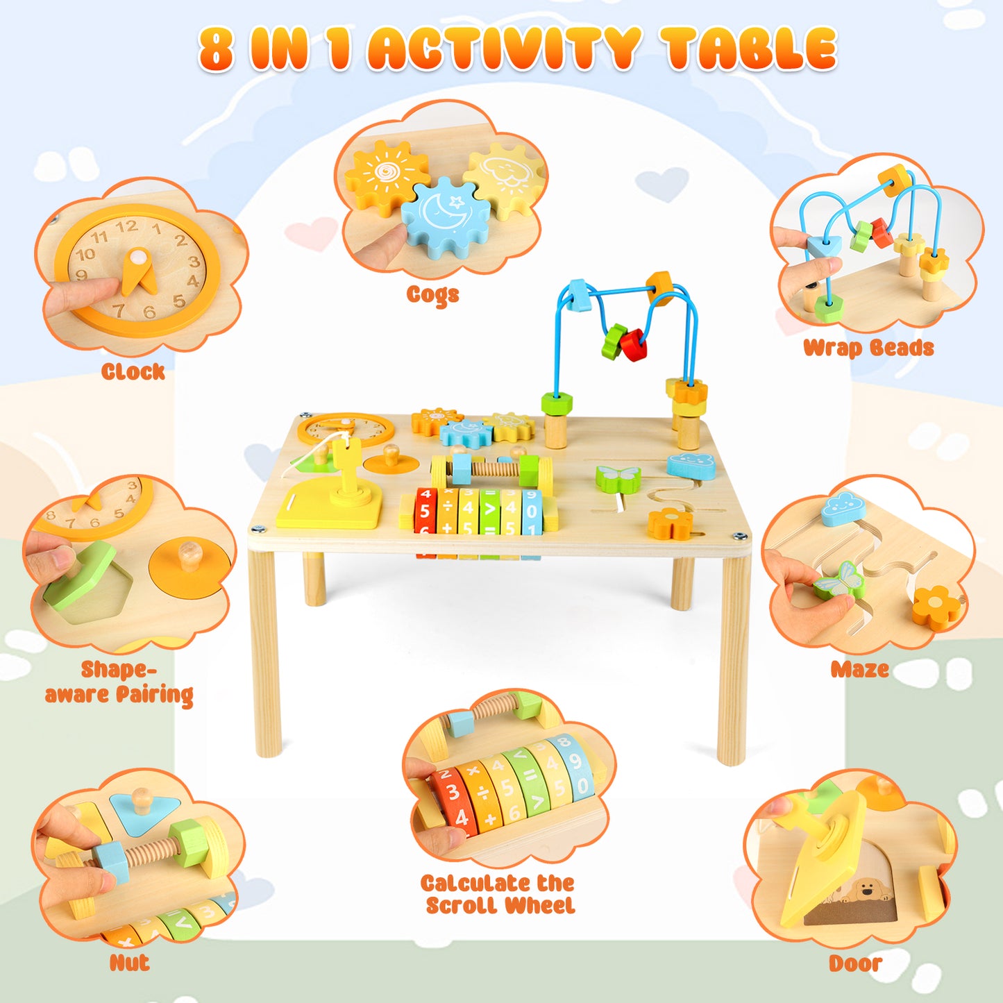 UUSUOO Activity Table for 1 Year Old,8-In-1 Wooden Montessori Toys with Bead Maze,Shape Sorter,Baby Sensory Toys 6-12 Months,Learning Toys for Baby 1st Christmas Birthday Gifts