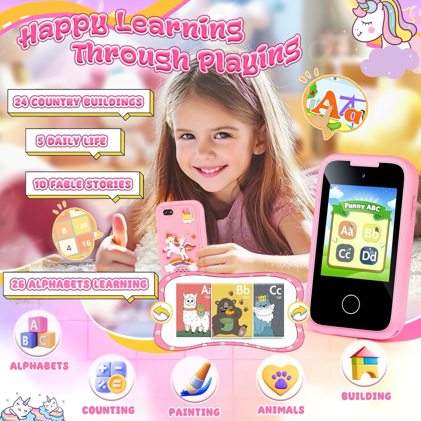 UUSUOO Kids Smart Phone for Girls Kids Toys,2.8" Touchscreen Toddler Phone Toys W/ 8G SD Card, Dual Camera, Music Player,Unicorn Toys Christmas Birthday Gifts for Boys Girls 3-12,Pink