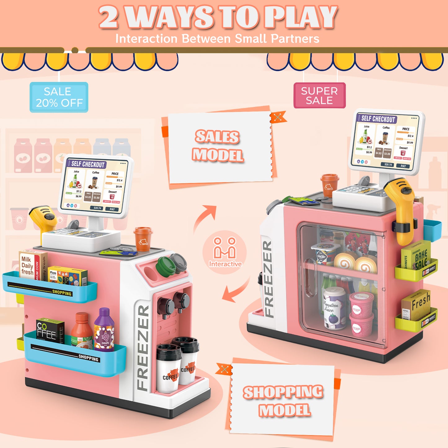 UUSUOO 46PCS Cash Register Playset for Kids,Cashier Register Toy,Kids Pretend Play Cash Register Toy with Scanner,Coffee Machine,Credit Cards,Play Food & Money,Christmas Toys for Kids 3-6,Pink
