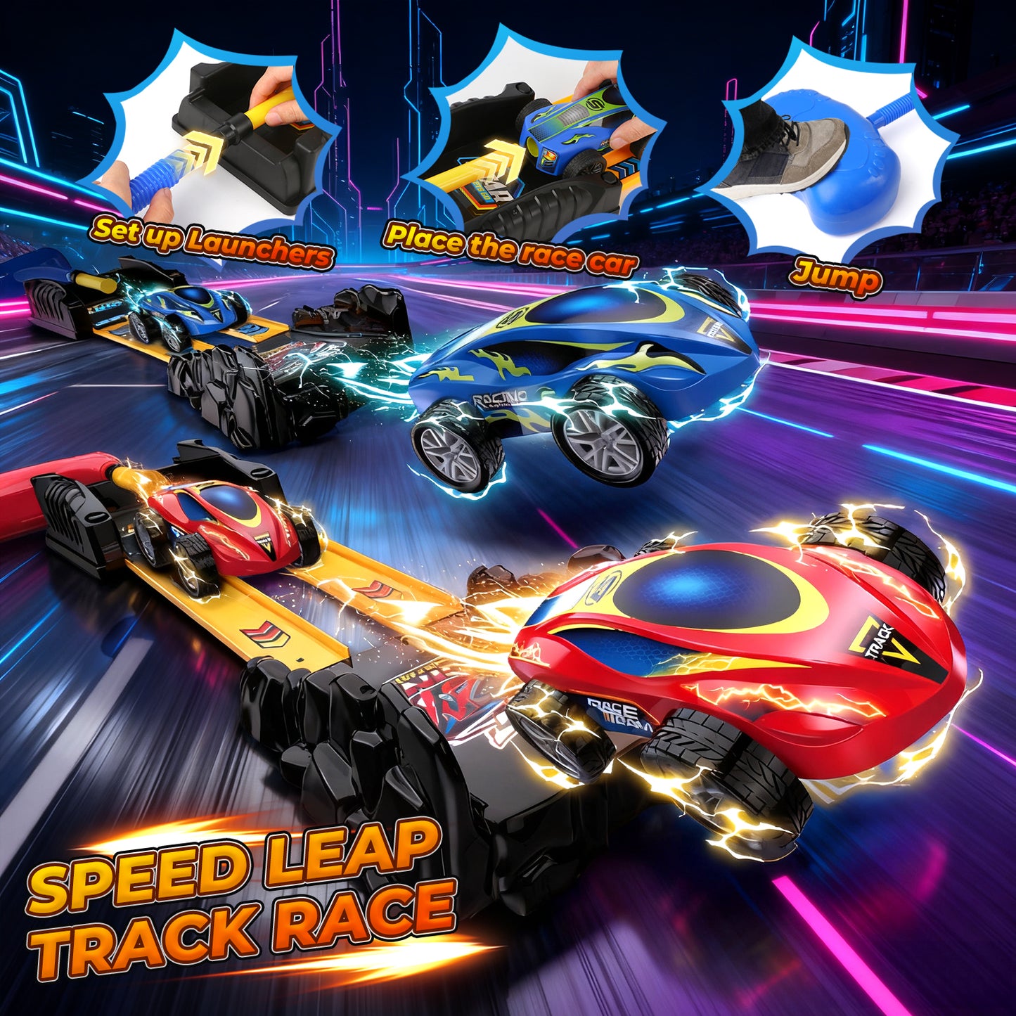 UUSUOO Stomp Race Car Launcher Toy for Kids,2 Cars & Dual Tracks,Indoor Outdoor Car Launcher Set with Racing Cars,Birthday Toy Gifts for Kids 3 4 5 6 7 Years Old