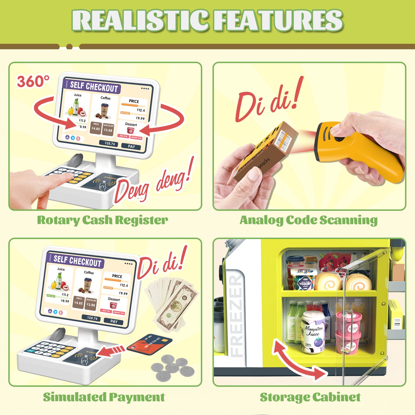 UUSUOO Cash Register Playset for Kids,46PCS Pretend Play Cash Register Toy with Calculator,Scanner,Coffee Machine,Credit Cards,Play Food & Money,Kids Cash Register Toy Gifts for Kids 3-6, Green