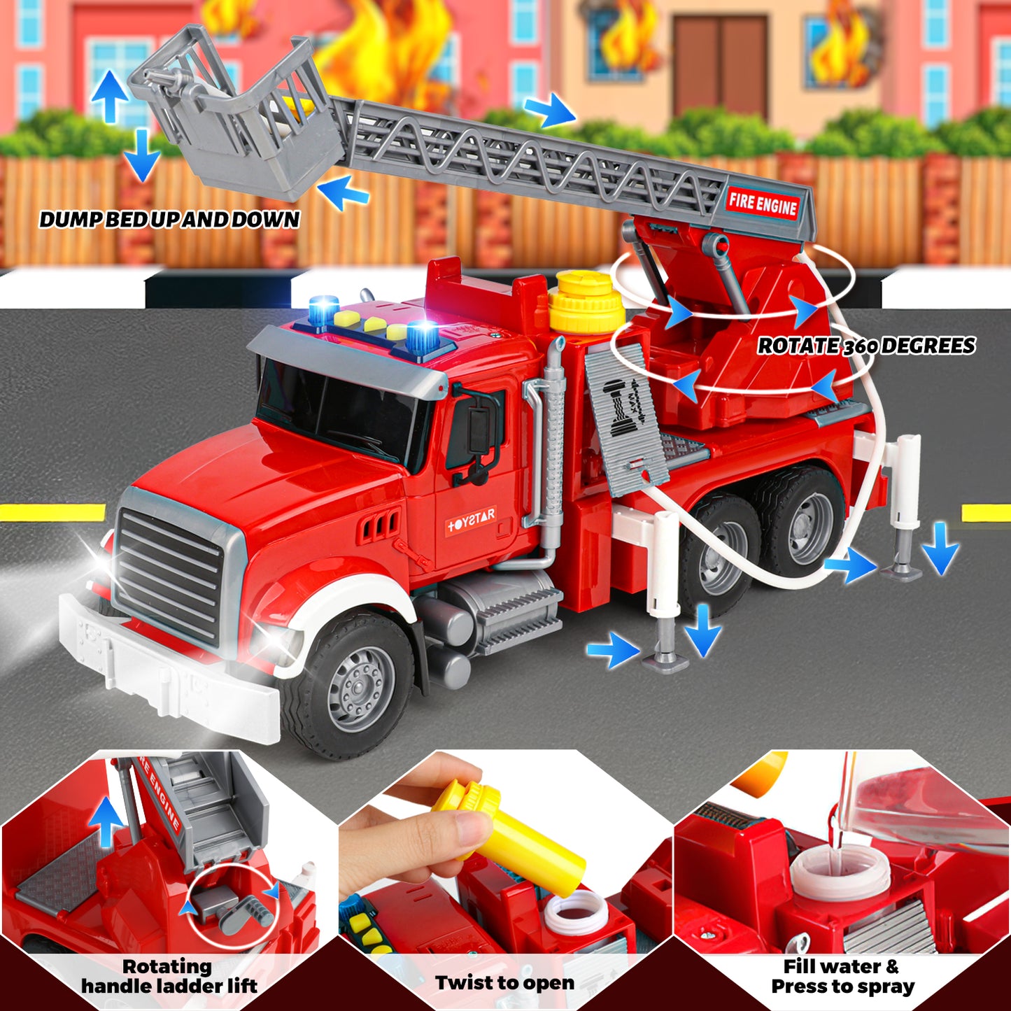 UUSUOO Truck Toys for Boys 3-6 Years,15" Large Fire Truck Toy,Friction Powered Fire Rescue Truck Vehicle Toys with Lights & Sirens Sounds & Ladder,Christmas Birthday Gifts for Boys Girls 5 6 7 +,Red