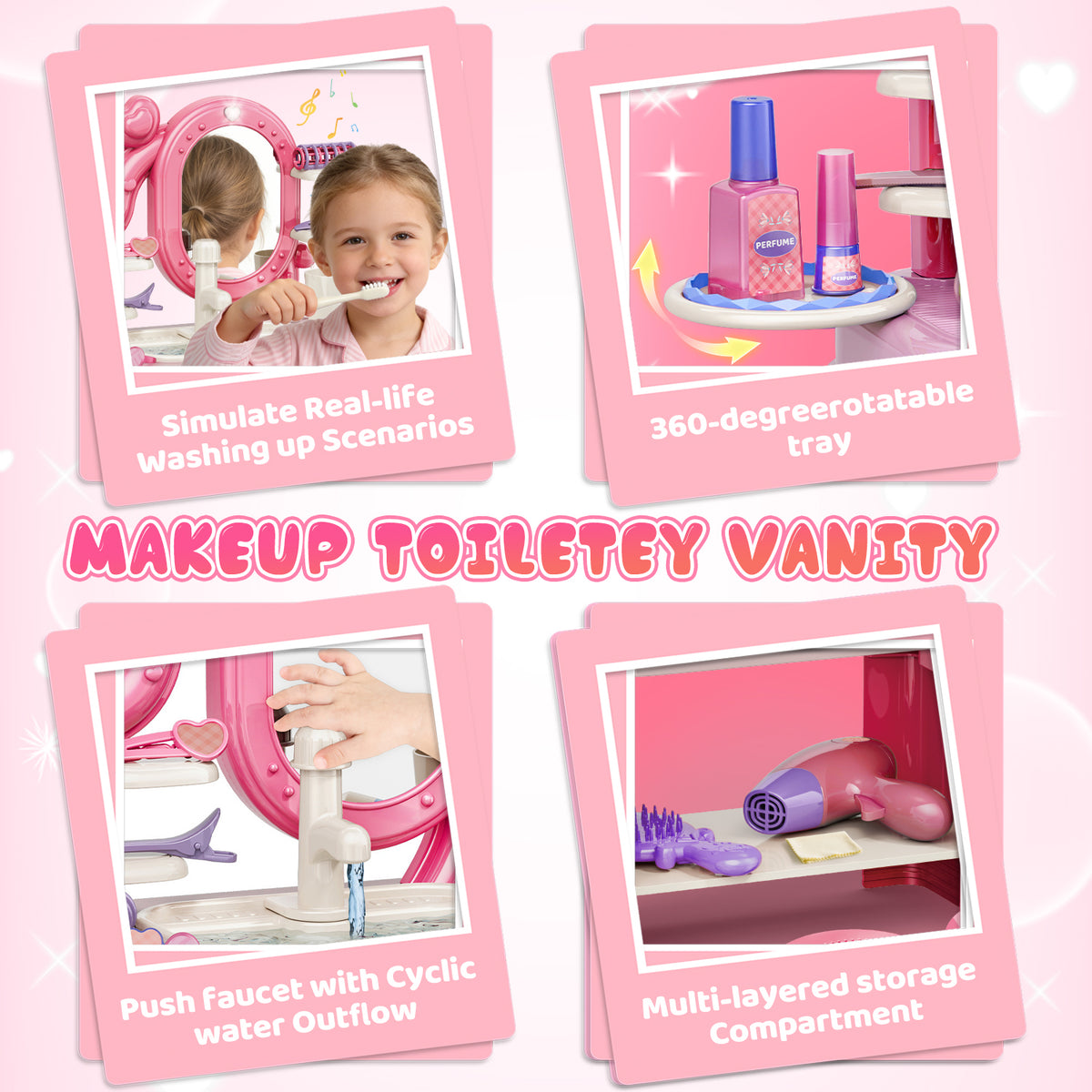 UUSUOO Kids Vanity Set with Mirror,40PCS Toddler Vanity Set Makeup Table for Kids, Girls Vanity with Mirror & Lights & Music & Makeup Accessories,Christmas Birthday Toy Gift for Girls Age 3-6