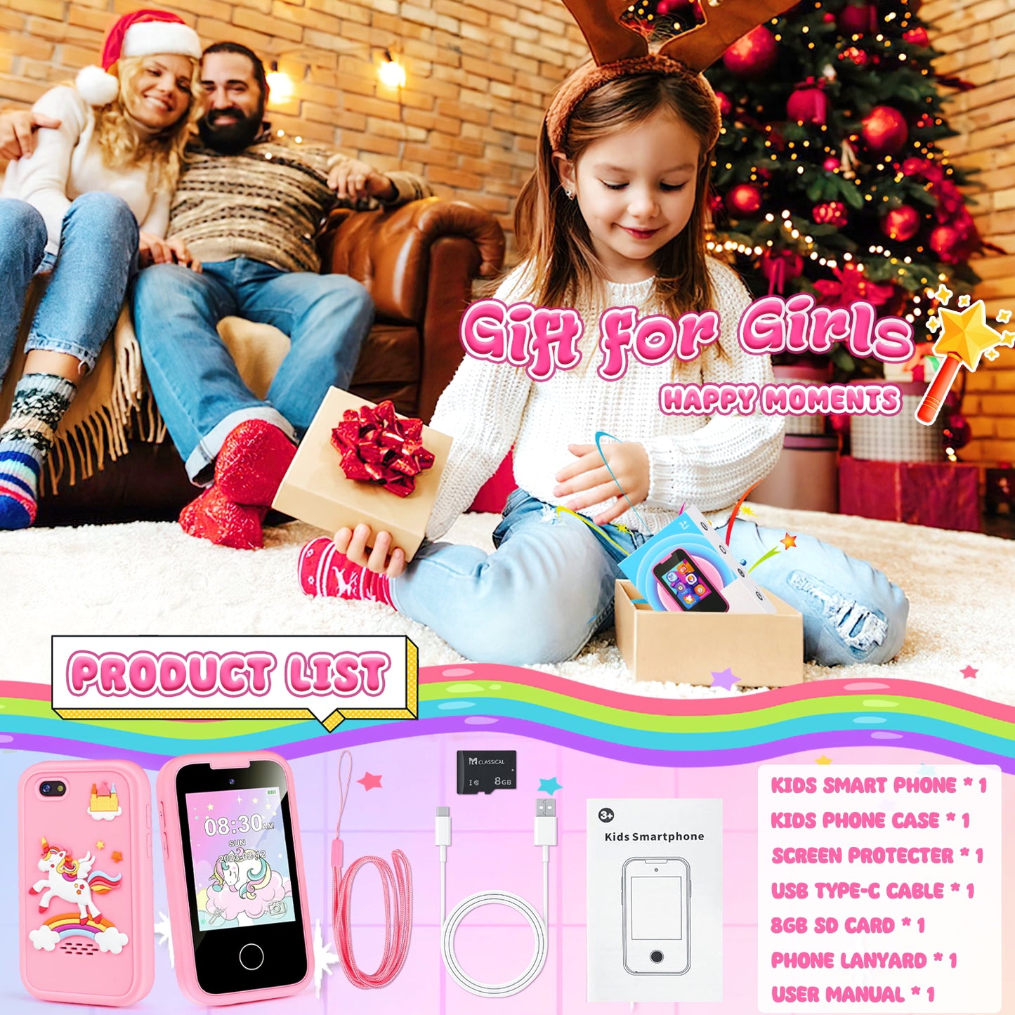UUSUOO Kids Smart Phone for Girls Kids Toys,2.8" Touchscreen Toddler Phone Toys W/ 8G SD Card, Dual Camera, Music Player,Unicorn Toys Christmas Birthday Gifts for Boys Girls 3-12,Pink