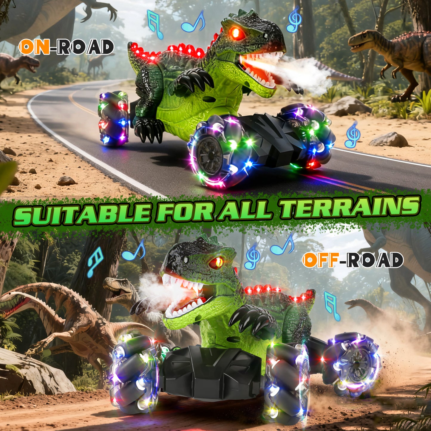 UUSUOO Dinosaur Remote Control Car,4WD Rotation Rechargeable RC Stunt Car with Spray Lights & Music,Dinosaur Toys for Boys 3-6 Years,Christmas Birthday Gifts for Boys Girls 3+