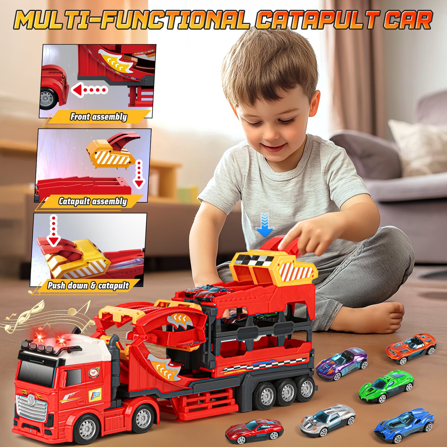 UUSUOO Carrier Truck Race Track Toys for Kids,45 inch Foldable Race Track with 6 Die-Cast Metal Toy Cars and Lights & Sounds, Truck Toys Toddlers Toys Xmas Gifts for 3 4 5 6 7 Years Old Boys and Girl