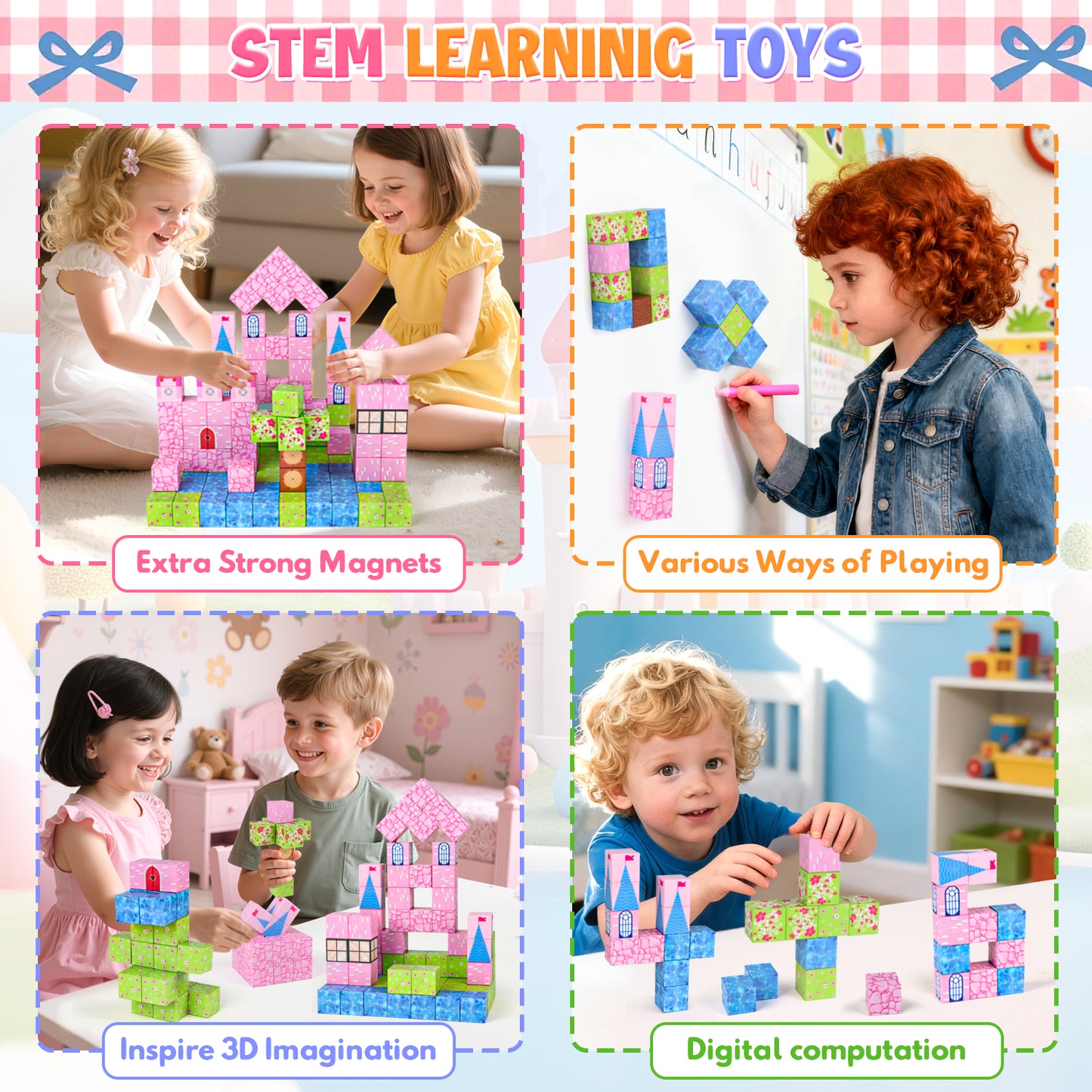 UUSUOO 145PCS Magnetic Blocks,Magnetic Building Blocks for Kids Ages 4-8,Magnet STEM Sensory Toys,Princess Castle Building Set Christmas Birthday Gifts Toy for Girls & Boys Ages 3+