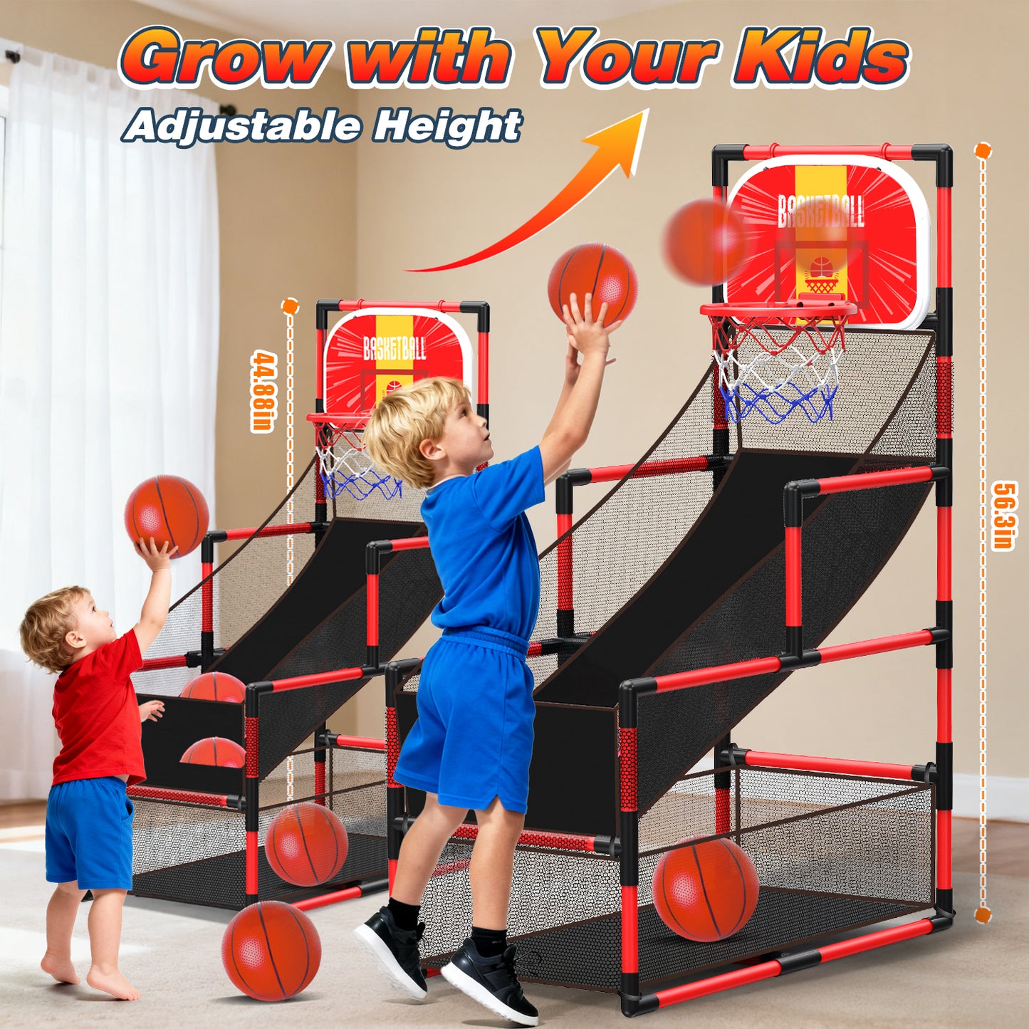 UUSUOO Arcade Basketball Game Set for Kids,Adjustable Height 45"-56" Kids Basketball Hoop with 2 Balls & Pump, Indoor Outdoor Sports Play Toys,Birthday Gift for Boys Girls Age 5 6 7 8 + ,Red