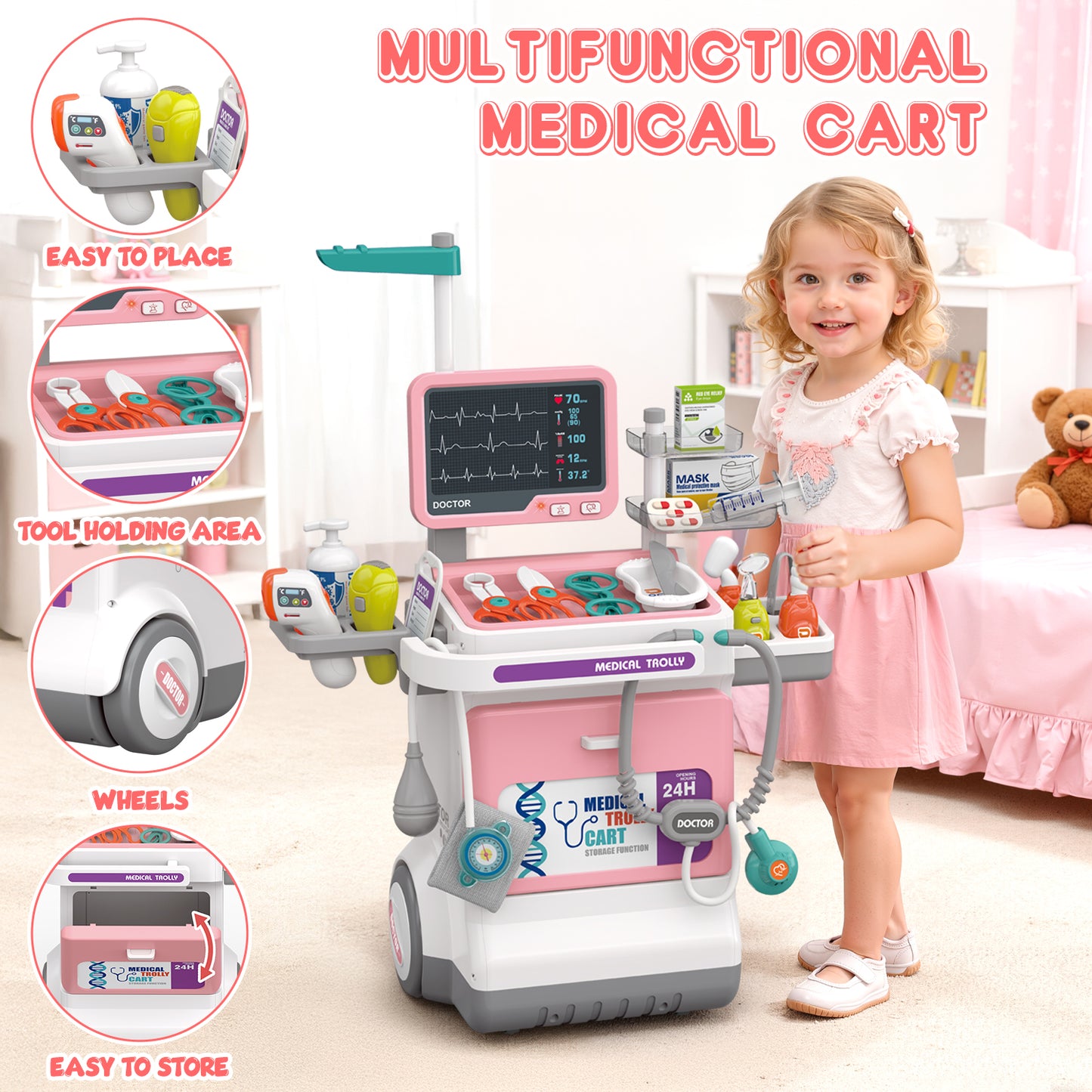 UUSUOO Doctor Kit for Toddlers 3-5,32PCS Doctors Role Play Set Toy,Pretend Medical Station Toy Set with Realistic LED Lights & Sounds,Christmas Boys & Girls Gift for Ages 3-8,Pink