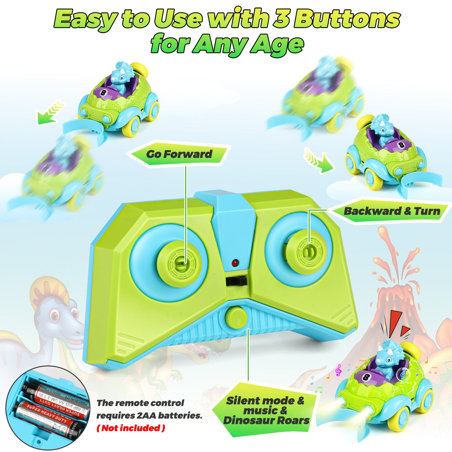 UUSUOO Dinosaur Remote Control Car for Toddlers,Rechargeable RC Cars for Toddler Toys with LED Lights & Music & Soccer Ball,Dinosaur Toys Christmas Birthday Gift for Boys Girls Age 3 4 5 +, Green