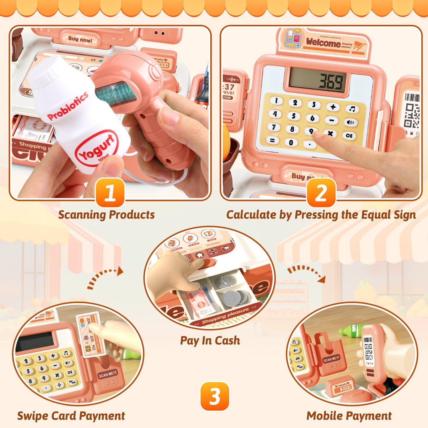 UUSUOO 42Pcs Cash Register for Kids,Toddlers Toys Cash Register with Sound Scanner,Light,Play Food & Money,Pretend Play Toys for Boys Girls,Christmas Birthday Gift for Toddlers 3 4 5 6 +,Pink