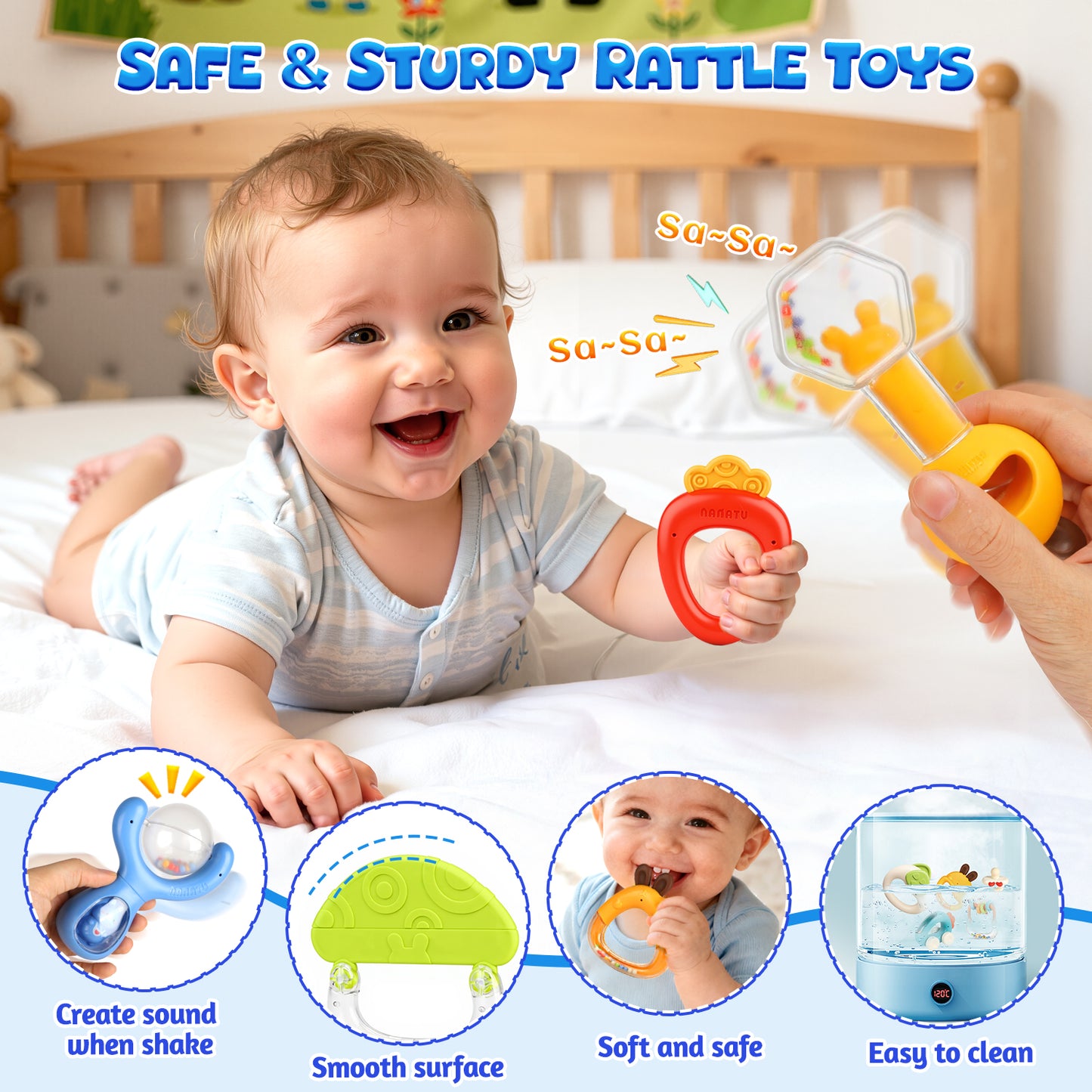 UUSUOO 10Pcs Baby Rattles Toys for 0-6 Months,Baby Teething Toys with Storage Case,Infant Newborn Baby Toys for 6-12 Months,Birthday Gifts for Newborn Baby Boys Girls