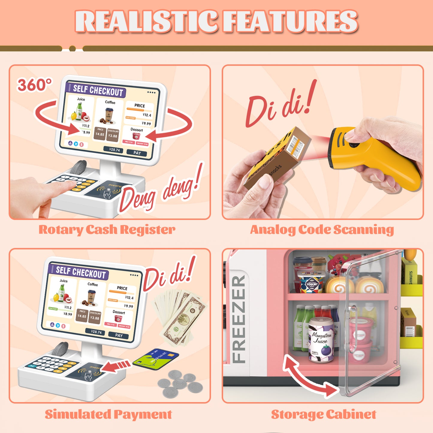 UUSUOO 46PCS Cash Register Playset for Kids,Cashier Register Toy,Kids Pretend Play Cash Register Toy with Scanner,Coffee Machine,Credit Cards,Play Food & Money,Christmas Toys for Kids 3-6,Pink