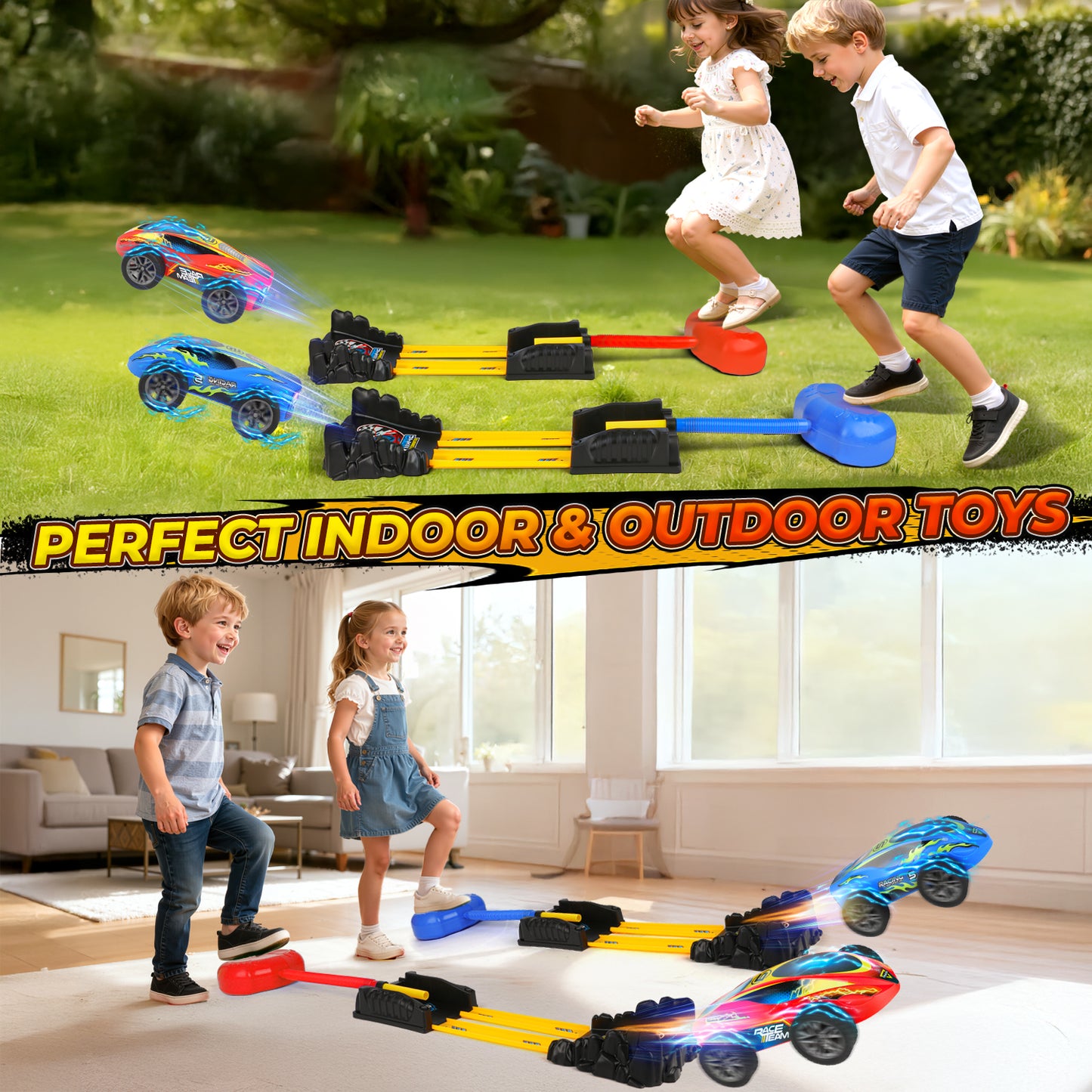 UUSUOO Stomp Race Car Launcher Toy for Kids,2 Cars & Dual Tracks,Indoor Outdoor Car Launcher Set with Racing Cars,Birthday Toy Gifts for Kids 3 4 5 6 7 Years Old