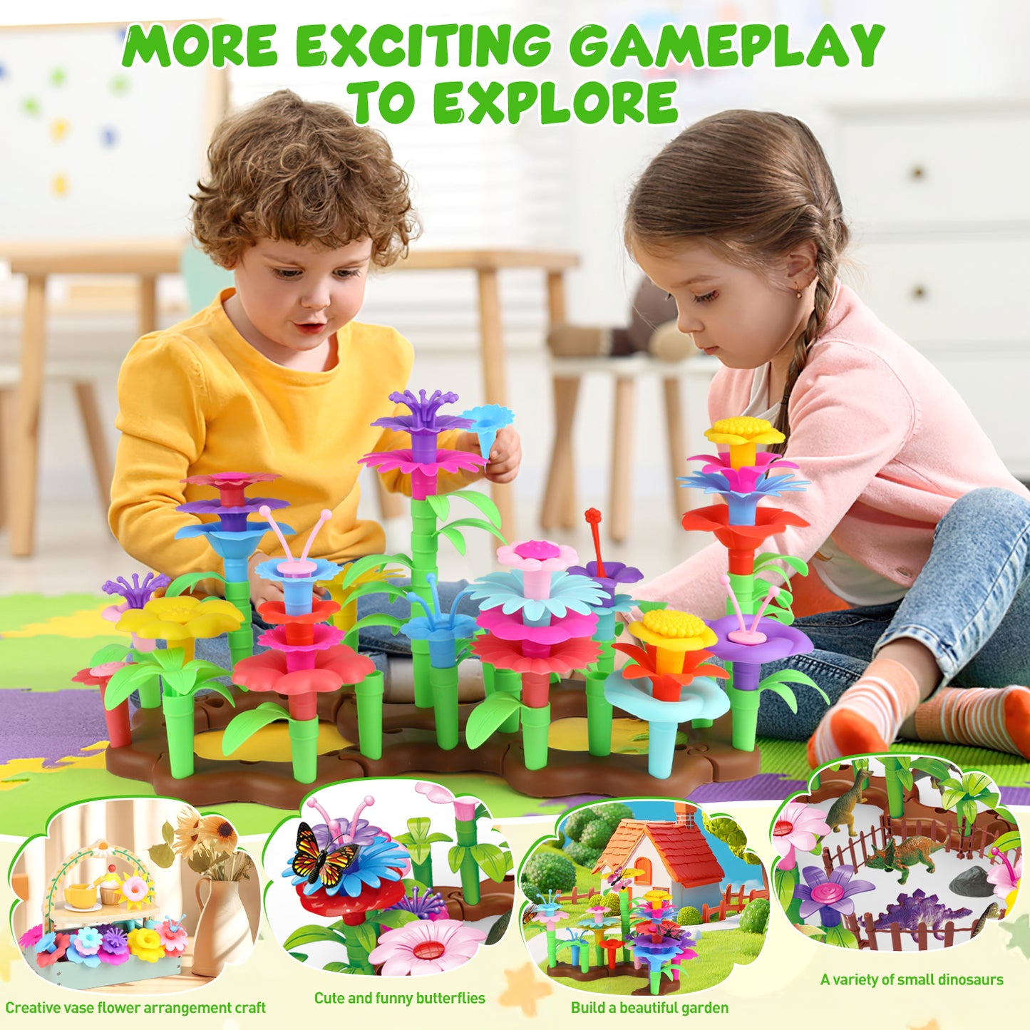 UUSUOO Flower Building Set for Kids,136 PCS Flower Garden Building Toys for Girls Ages 3-8,Educational Stem Toy Build Flower Garden with Storage Box,Kids Toddler Birthday Gift Ideas