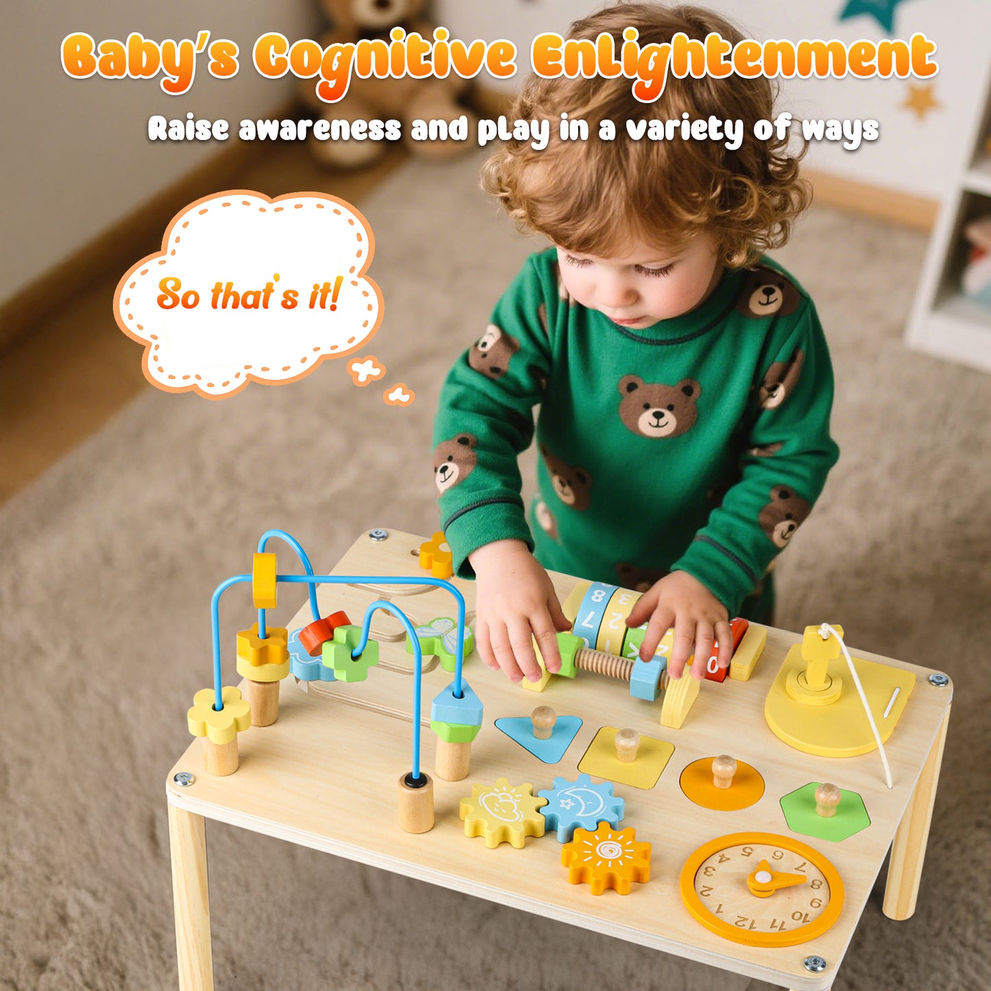 UUSUOO Activity Table for 1 Year Old,8-In-1 Wooden Montessori Toys with Bead Maze,Shape Sorter,Baby Sensory Toys 6-12 Months,Learning Toys for Baby 1st Christmas Birthday Gifts