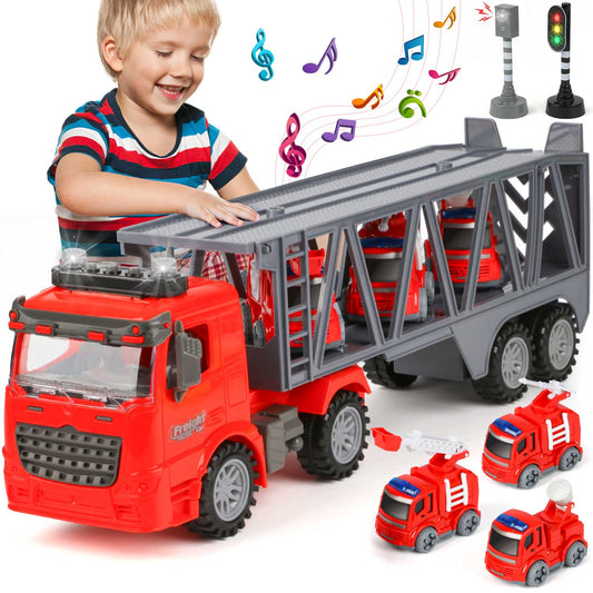 UUSUOO Toy Trucks for Boys 3-6 Years,17" Fire Truck Toys,Friction Powered Tow Truck Toys with 3 Mini Cars,Lights and Sounds,Kids Toys Birthday Gifts for for 3 4 5 6 7+ Years Old Boys Girls,Red