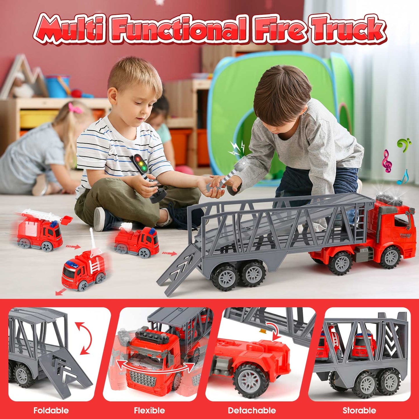 UUSUOO Toy Trucks for Boys 3-6 Years,17" Fire Truck Toys,Friction Powered Tow Truck Toys with 3 Mini Cars,Lights and Sounds,Kids Toys Birthday Gifts for for 3 4 5 6 7+ Years Old Boys Girls,Red