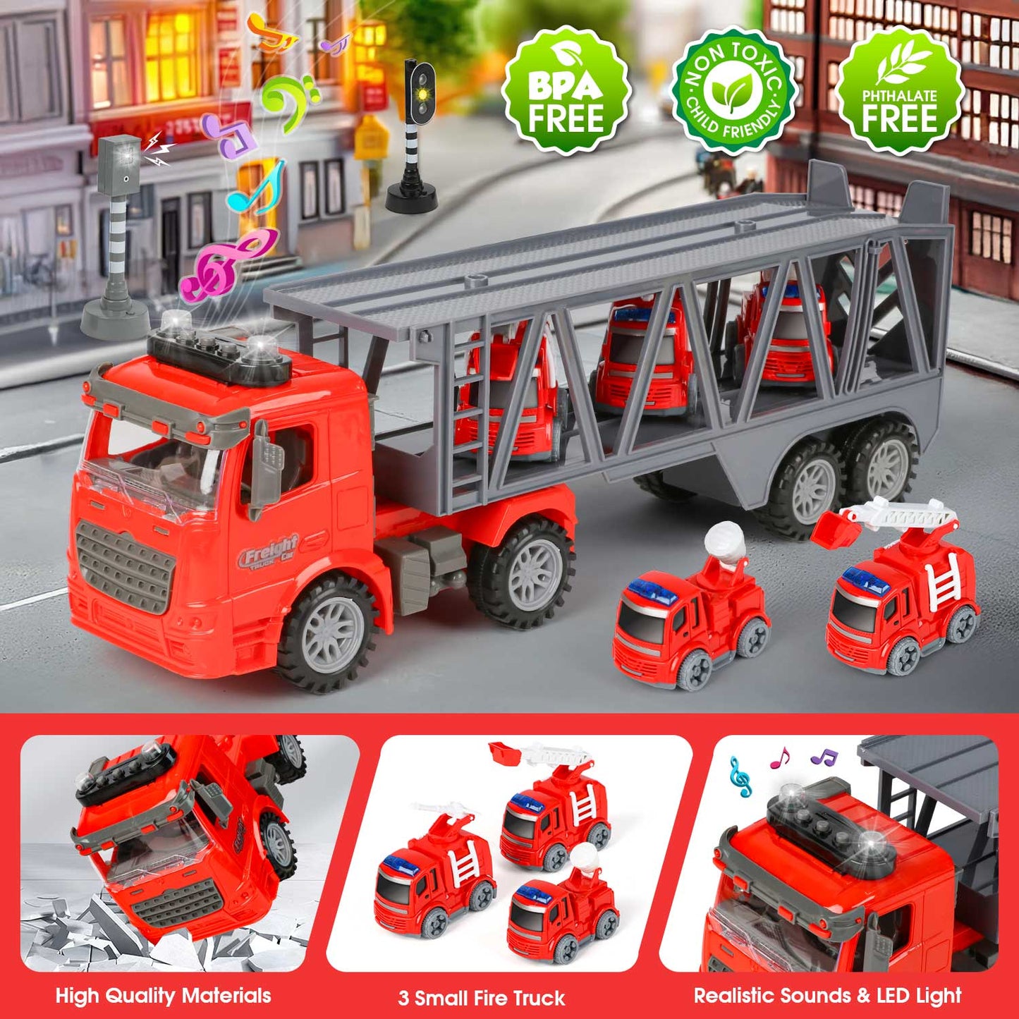 UUSUOO Toy Trucks for Boys 3-6 Years,17" Fire Truck Toys,Friction Powered Tow Truck Toys with 3 Mini Cars,Lights and Sounds,Kids Toys Birthday Gifts for for 3 4 5 6 7+ Years Old Boys Girls,Red