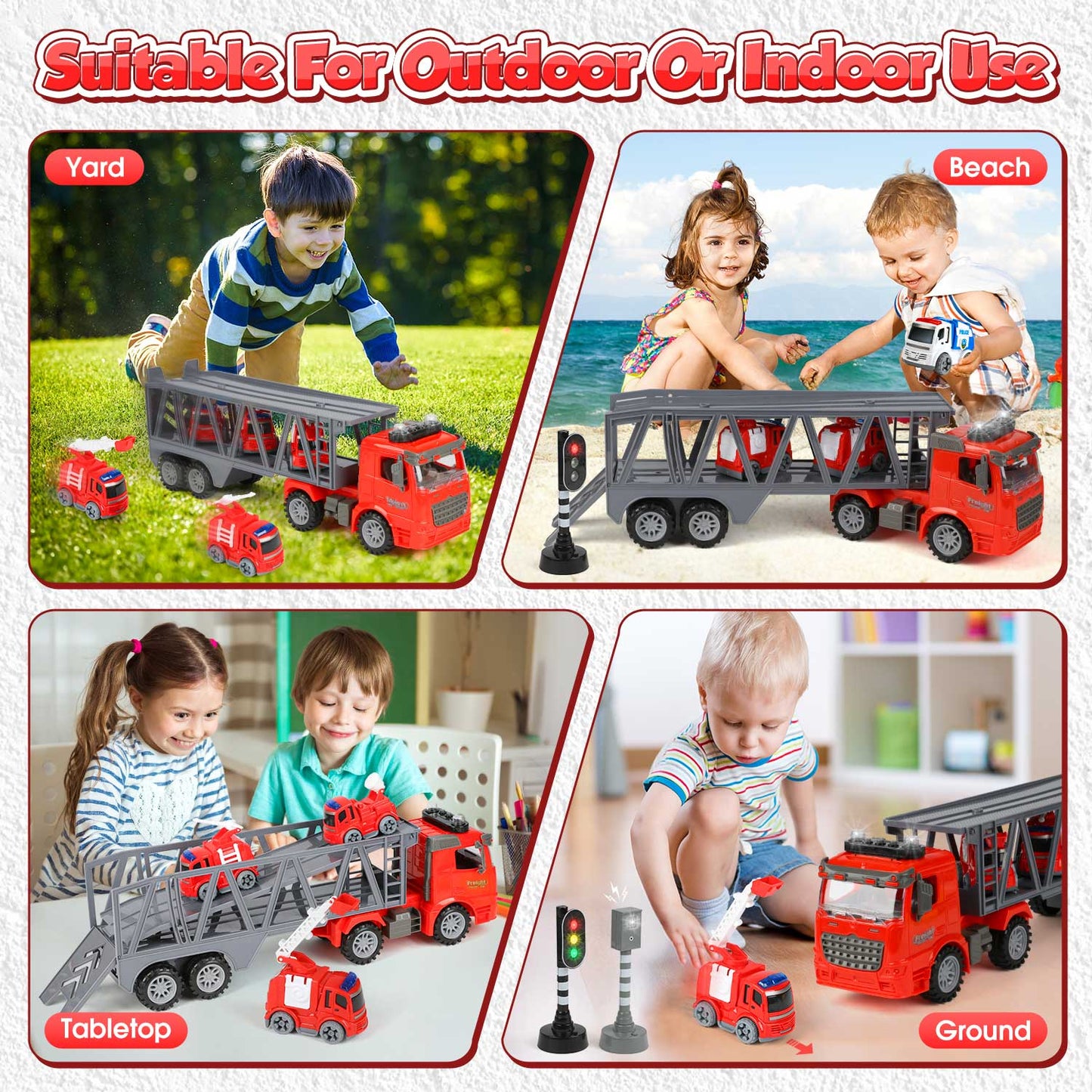 UUSUOO Toy Trucks for Boys 3-6 Years,17" Fire Truck Toys,Friction Powered Tow Truck Toys with 3 Mini Cars,Lights and Sounds,Kids Toys Birthday Gifts for for 3 4 5 6 7+ Years Old Boys Girls,Red