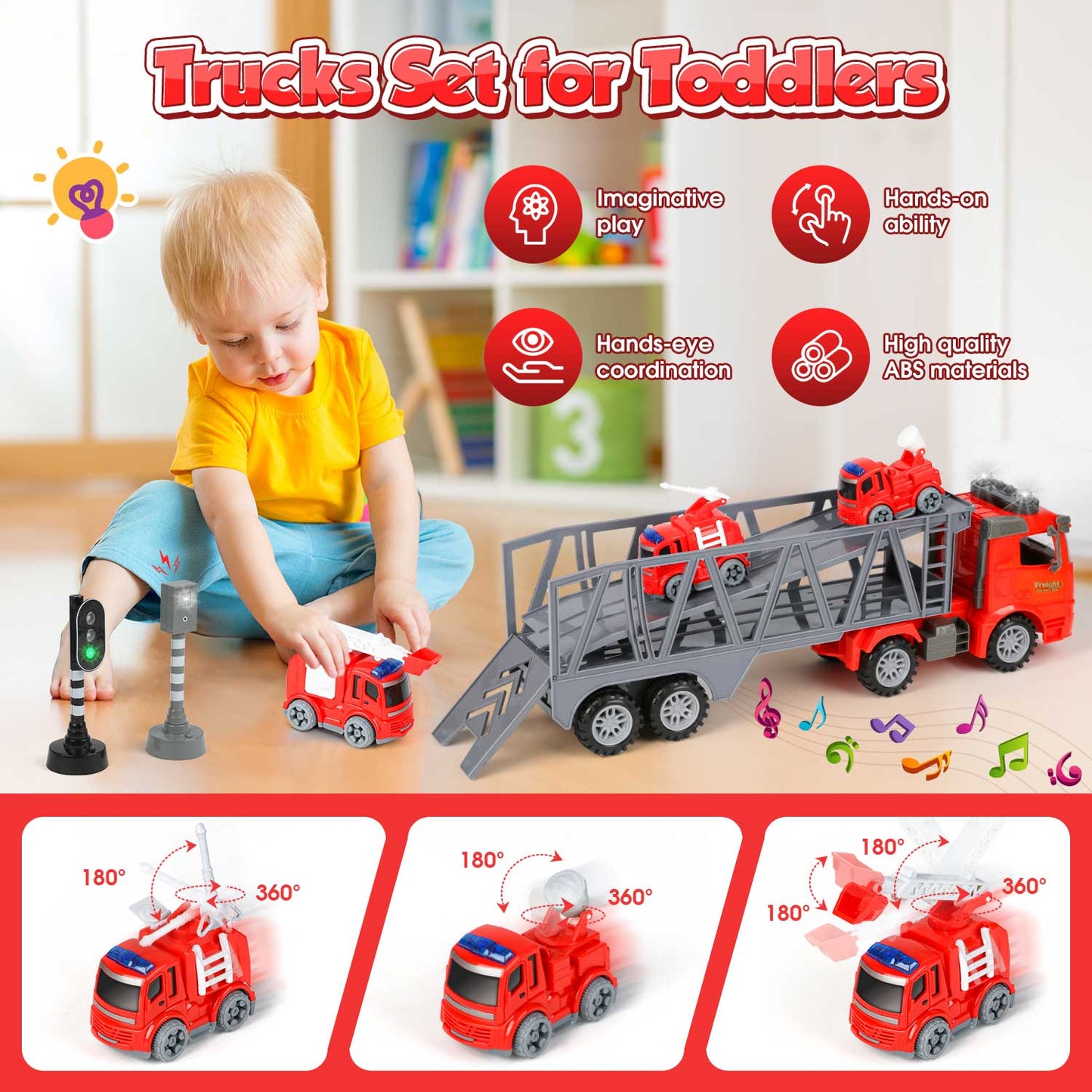 UUSUOO Toy Trucks for Boys 3-6 Years,17" Fire Truck Toys,Friction Powered Tow Truck Toys with 3 Mini Cars,Lights and Sounds,Kids Toys Birthday Gifts for for 3 4 5 6 7+ Years Old Boys Girls,Red